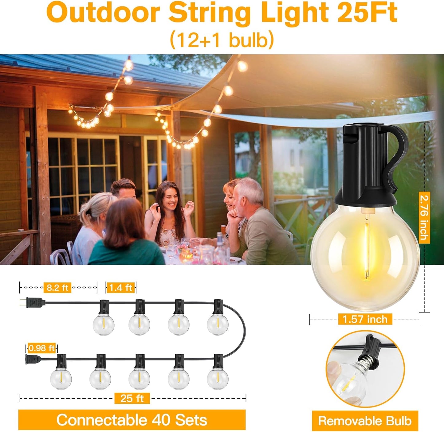 Cccinny Outdoor String Lights 25 FT G40 Globe String Lights with 13 Edison Plastic Bulbs(1 Spare), Waterproof Shatterproof Connectable Hanging Lights for Backyard Porch Balcony Party Xmas Decor