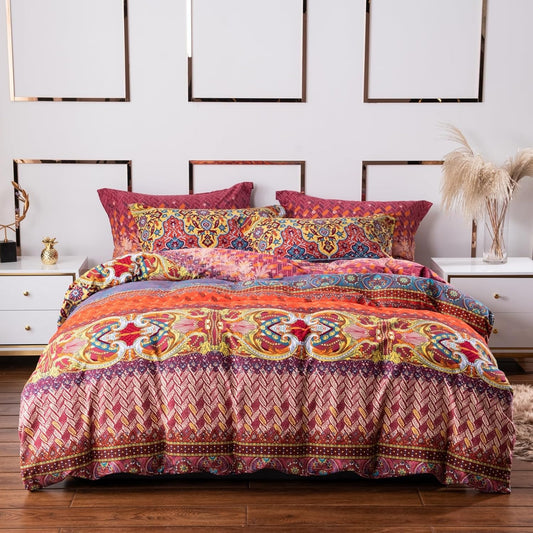 ABREEZE Bohemian Duvet Cover Set Colorful Orange Boho Retro Bedding Set Damask Paisley Cotton Duvet Cover Tribal Reversible Bedding Exotic Style Comforter Cover 3-Piece Full