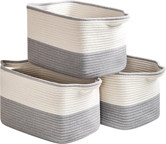 Cotton Rope Storage Basket Set of 3 (15"x10.2"x9.1") - Rectangle Storage Bins - Versatile Toy Storage Organizer - Perfect for Kids, Dog Toys, Books, Shelves - White & Grey