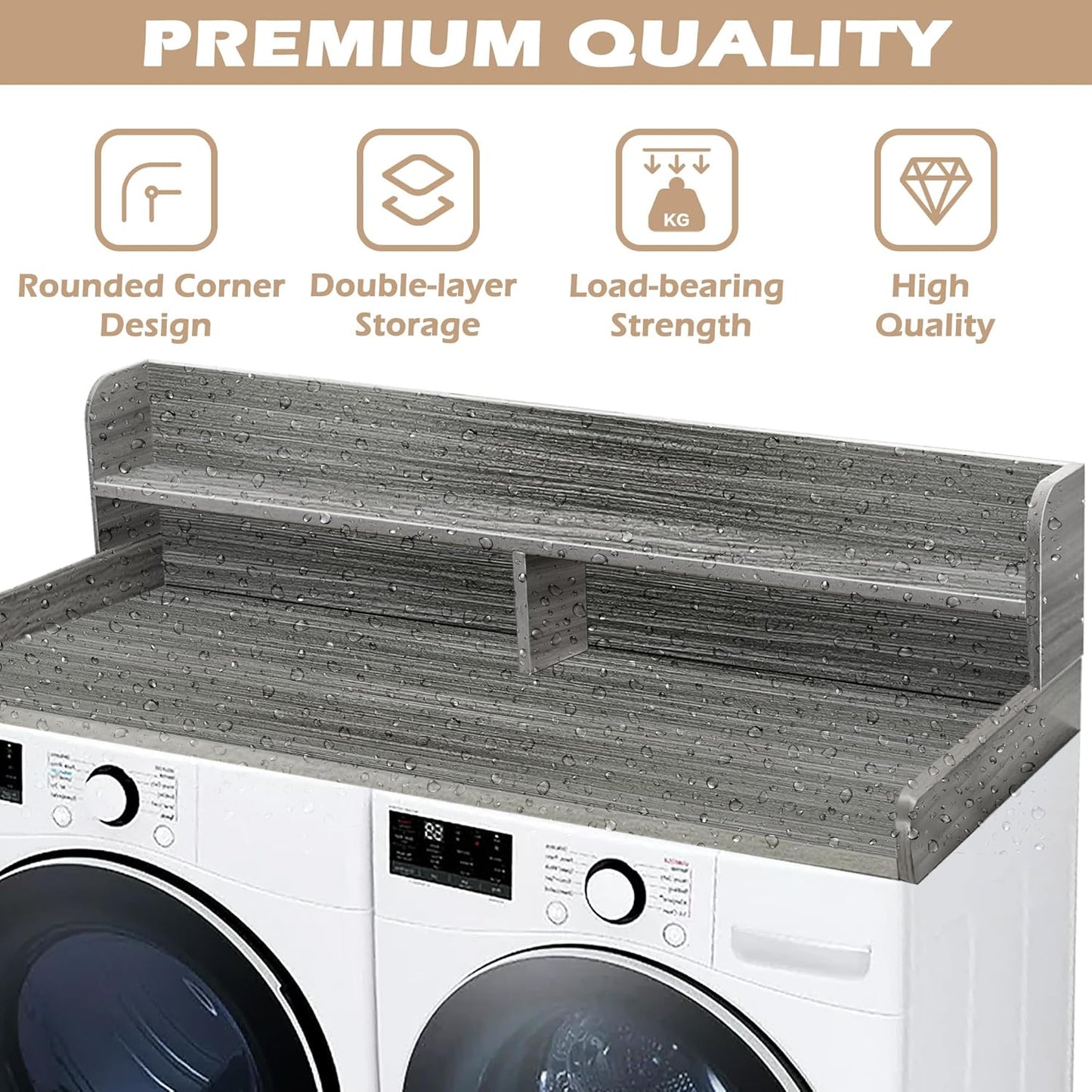 Royxen Laundry Countertop with 2-tier Shelf Universal Fit, Washer and Dryer Countertop with Storage Space, Shelf Height 11.5 Inches, Solid Wood, Eucalyptus