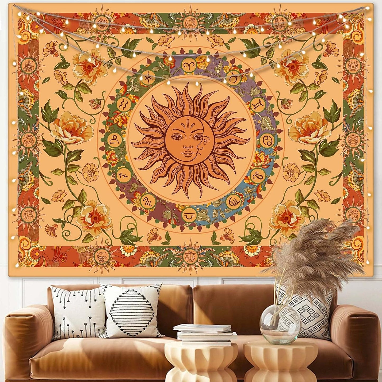 Aipon Yellow Sun and Moon Tapestry Hippie Indie Tapestries Boho Orange Flower Floral Tapestry Wall Hanging Cool Vintage Aesthetic Wall Tapestry for Bedroom Living Room Dorm (48'' × 36'', Orange)
