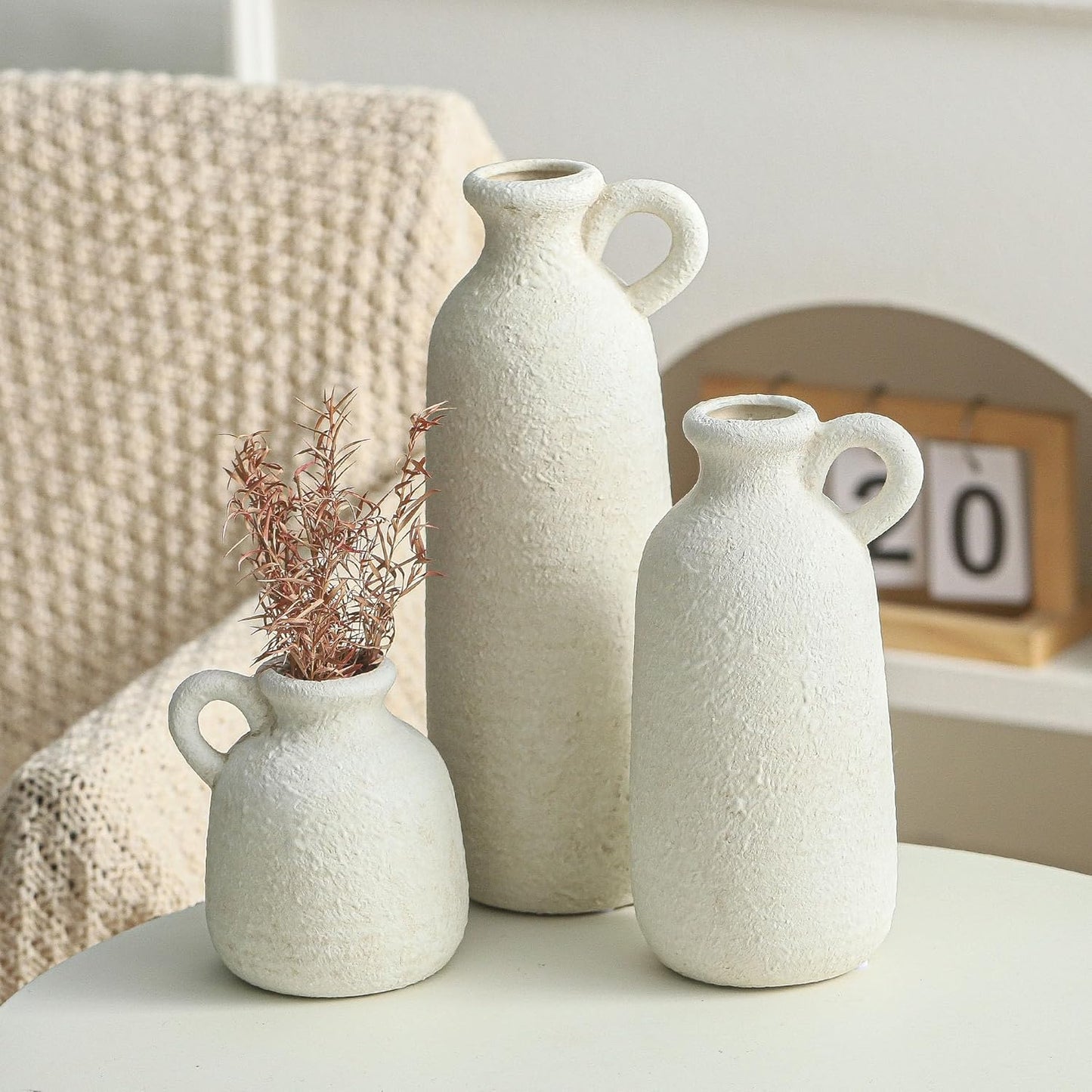 Ceramic Vase Set of 3 with Handle, Neutral Rustic Vases Home Decor Farmhouse Decorative Vase Whitewashed Pottery Decor Modern for Table Mantel Entryway Bookshelf Living Room Kitchen Bedroom - White