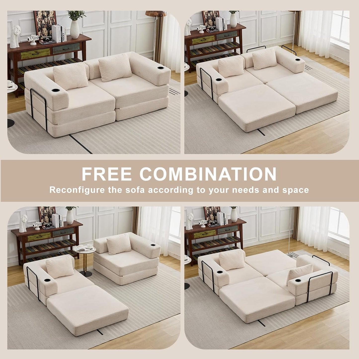 78" W Loveseat Sofa, 4 in 1 Convertible Floor Sofa Bed, Boneless Cloud Couch with Cup Holder, Fold Out Floor Couch, Loveseat Recliner Sleeper for Living Room Bedroom Lounge(Corduroy, White)