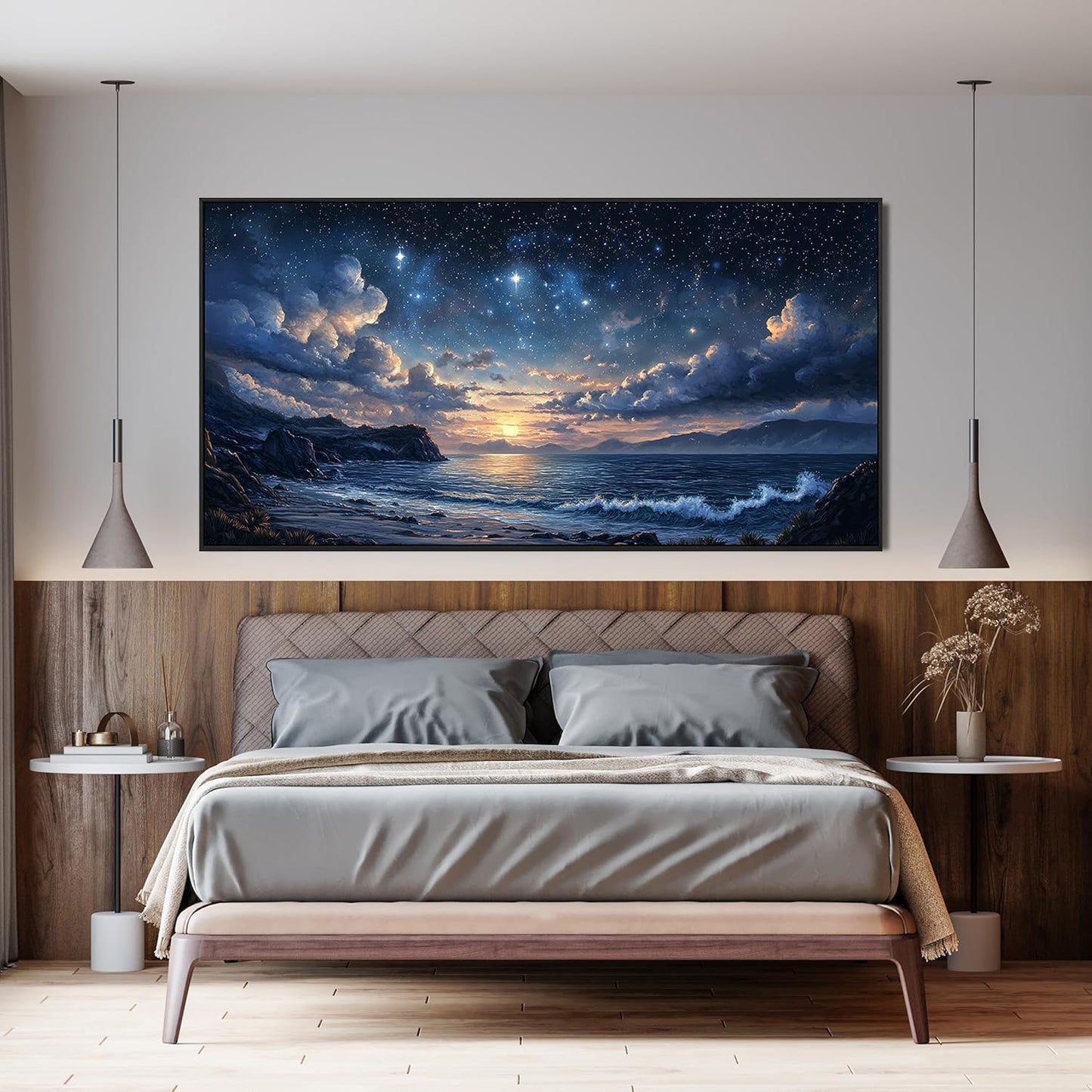 Canvas Wall Art Large Framed Wall Art Prints Modern Pictures for Living Room Landscape Coastal Wall Art Decorations Canvas Art Wall Decor Star Night Artwork for Walls Bedroom Office Decor 29"x58"