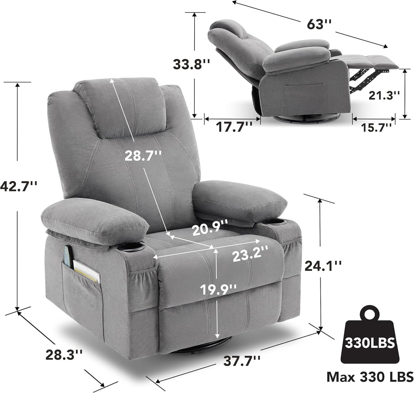 Swivel Rocker Recliner Chair with Heat and Massage, 360 Degree Swivel Recliner Chair with Cup Holders and USB Port, Big Oversized Rocking Single Sofa for Living Room (Fabric, Grey)