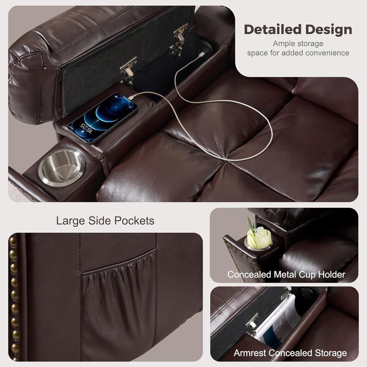 Electric Power Lift Recliner Chair for Elderly with Heat & Massage, Large Breathable Leather Reclining Chairs w/2 Concealed Cup Holders for Seniors Home Living Room,Bedroom,1PC,Brown