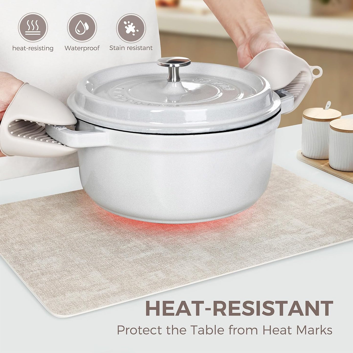 Vinyl Placemats Set of 4, Faux Leather Waterproof and Heat Resistant Place Mats, Washable Anti-Slip Table Mats with Coaster, Wipeable Placemats for Indoor & Outdoor 17" x 12" (Beige, Set of 4)