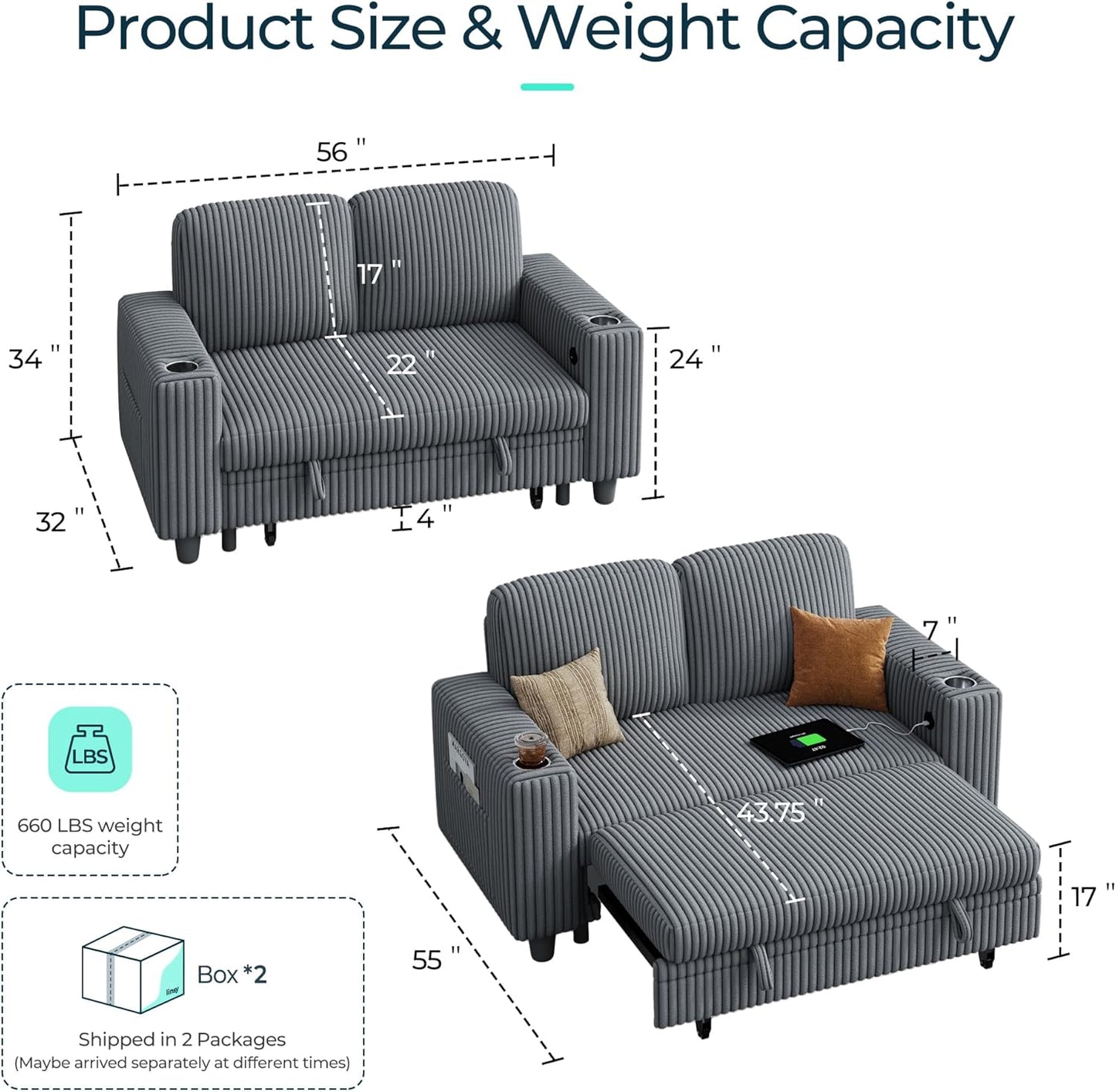LINSY HOME Loveseat Sofa with Pull Out Couch: 2-in-1 Convertible 2 Seater Sofa Chaise with USB Charging & Cup Holders, Comfy Plush Corduroy Love Seat for Small Spaces Living Room Apartment, Grey