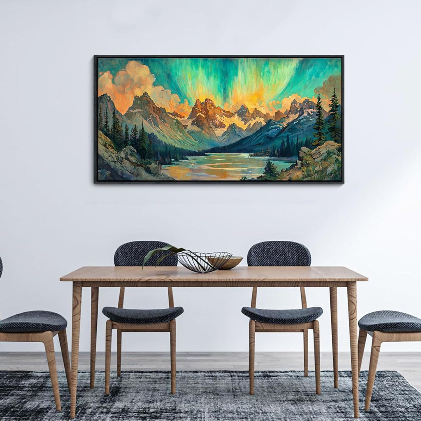 JEAWA Framed Canvas Wall Art - 24x48 In Large Abstract Painting Decor, Textured Mountain Lake Tree Aurora Polaris Pictures, Modern Art Prints for Bedroom Living Room Bathroom Home Decoration