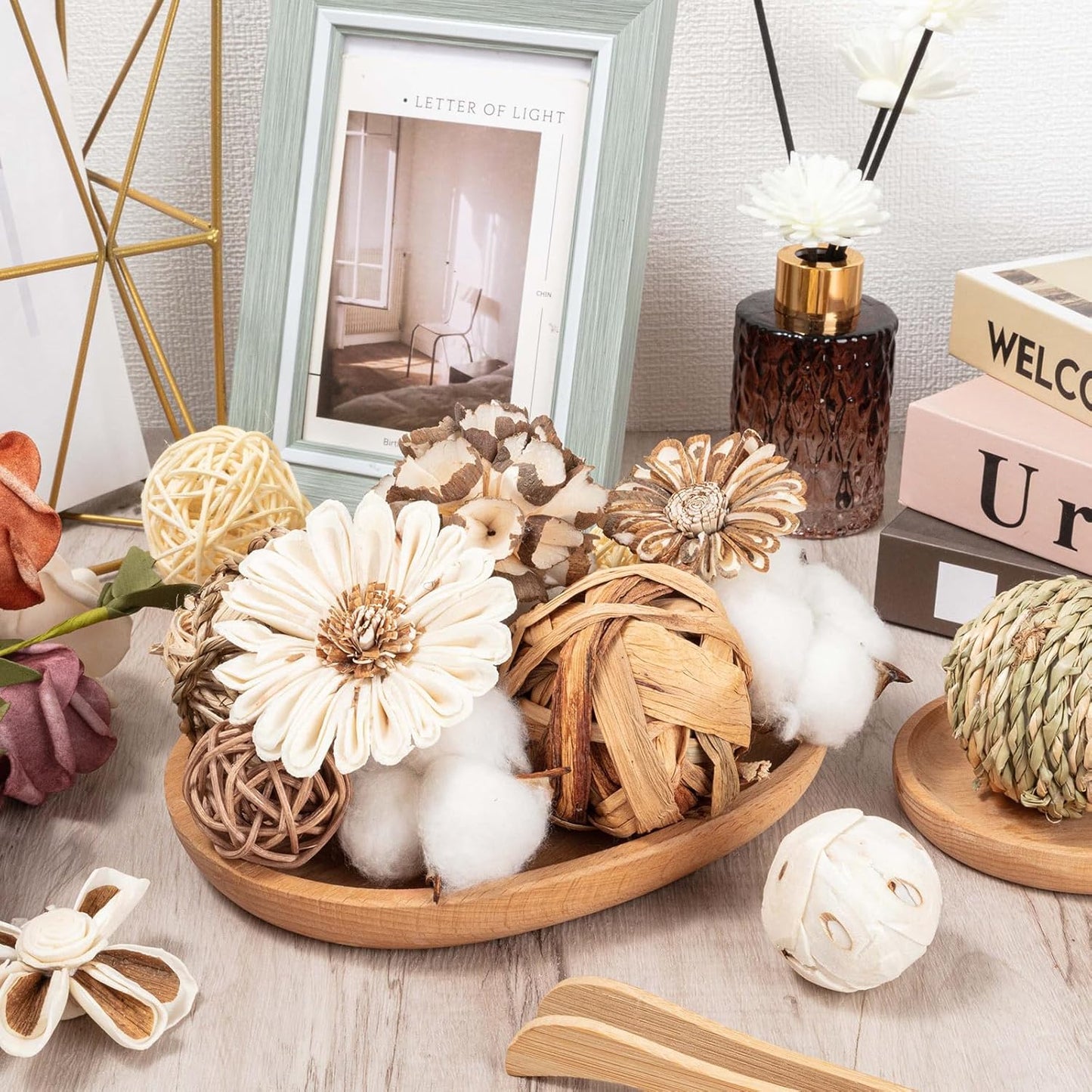 17Pcs Vintage Decorative Balls for Potpourri Bowl Filler, Bowl Filler for Table Centerpiece Home Decor, Woven Rattan Wicker Balls, Rattan Wicker Orbs Fillers for Vase Jar Dough Bowl