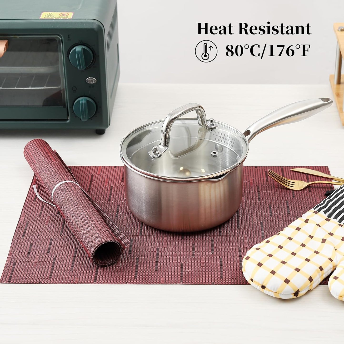 Leetaltree Burgundy Placemats Set of 8 - Heat Resistant Non-Slip Place mats for Dining Table, Washable Durable PVC Vinyl Woven Table Mats（Burgundy, 8）