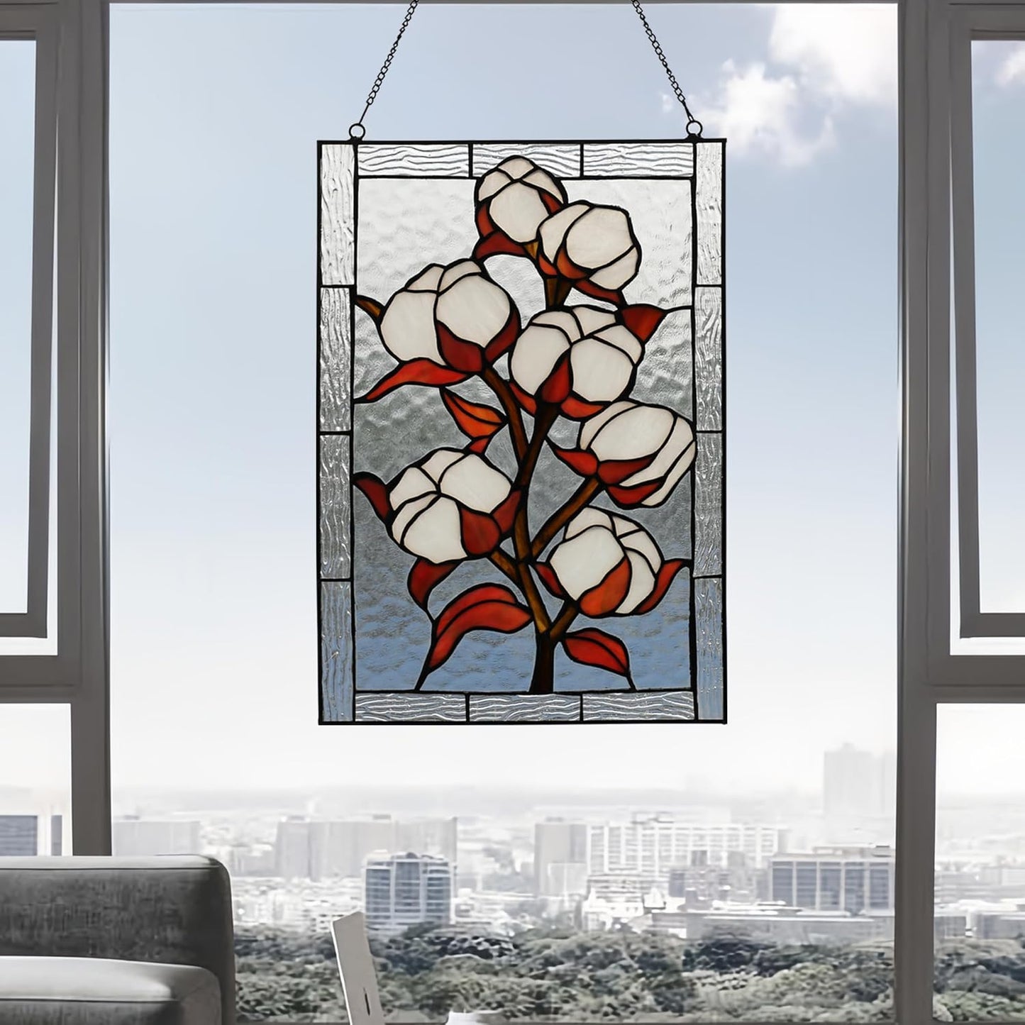 YOURANJU Stained Glass Window Hanging 16" H x 11" W Tiffany Style Rectangular Window Panel Suitable for Living Room Bedroom Kitchen Window Decoration Hangings with Chain (Plum bossom)