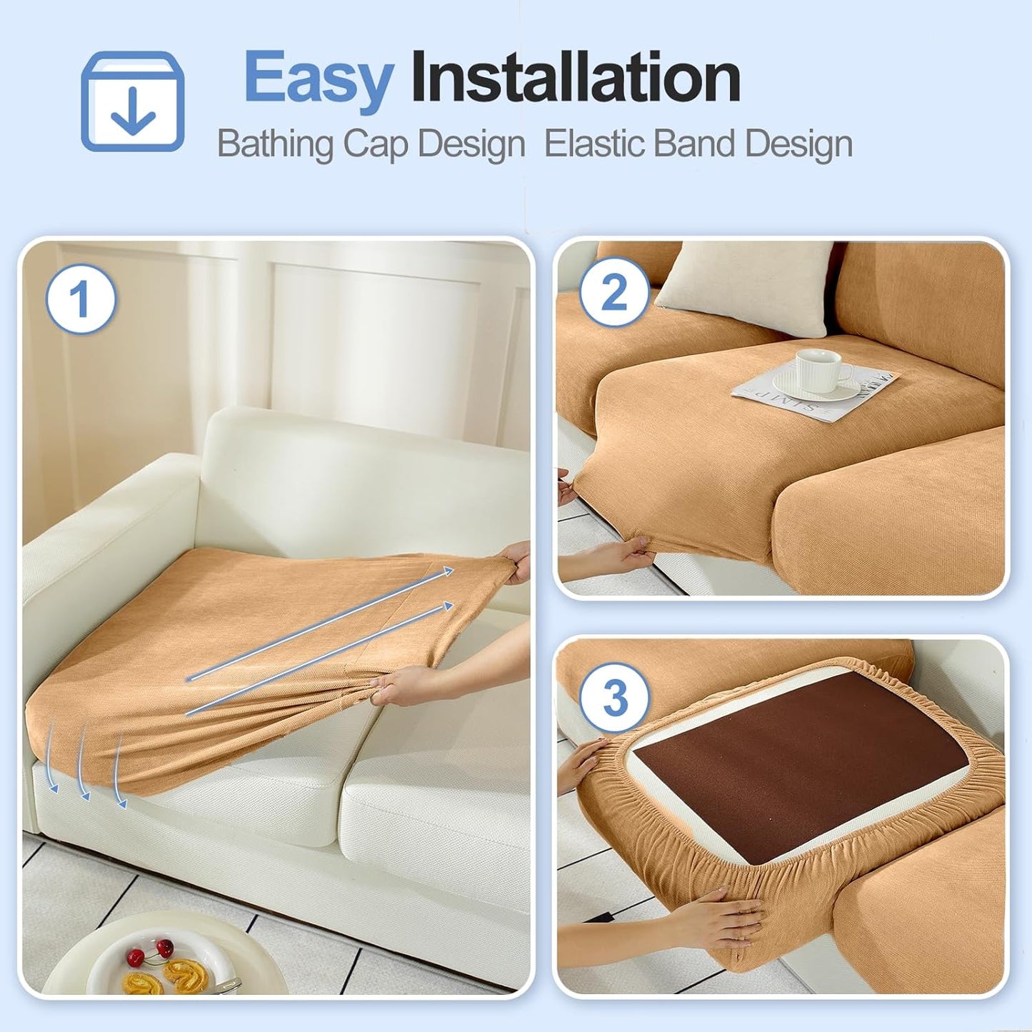 Couch Cushion Covers Individual Large Super Stretch Chenille (Softer Version) Sofa Cushion Covers, Couch Seat Covers Couch Slipcovers Furniture Protector (2PC, Khaki)