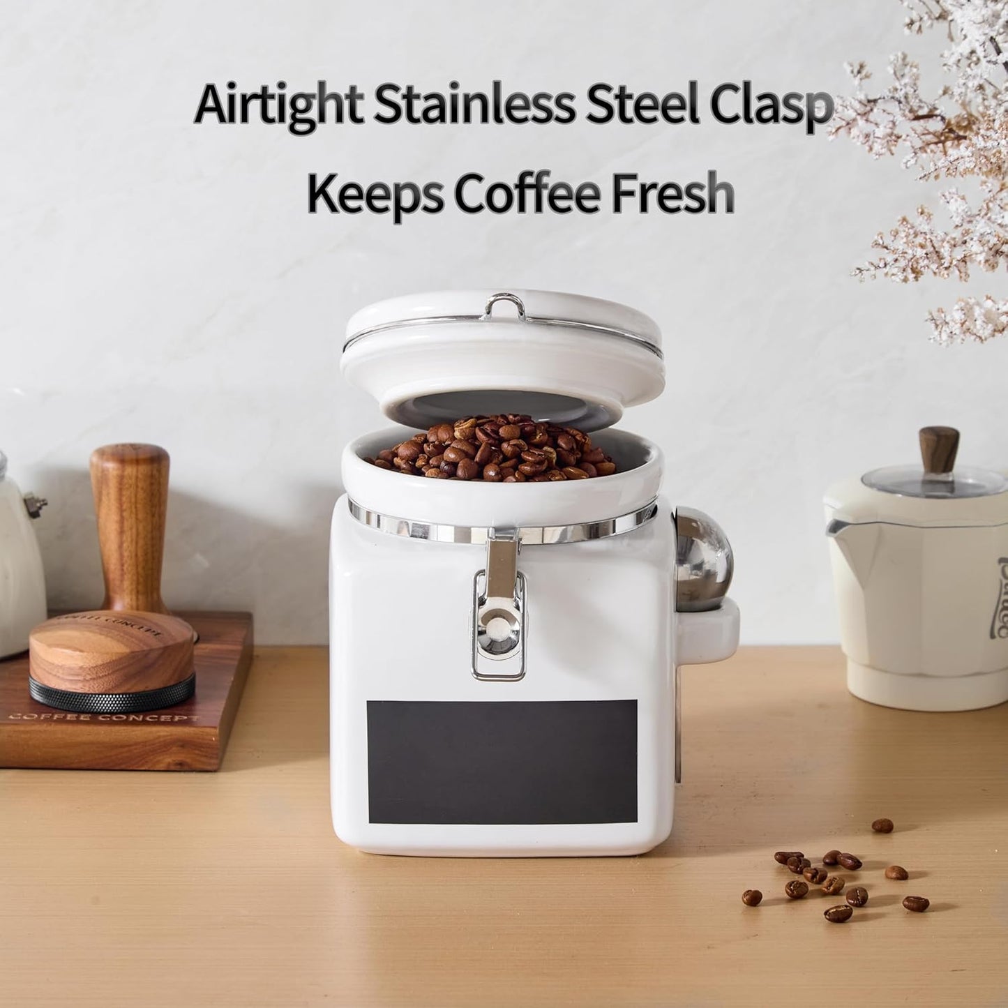 Ceramic Coffee Canister with Airtight Lid and Scoop, Large 74 Fl Oz / 2.2 L Kitchen Food Storage Container Jar for Grounds Coffee, Beans, Tea, Sugar, Flour, Cereal, Nuts, Cookie, White