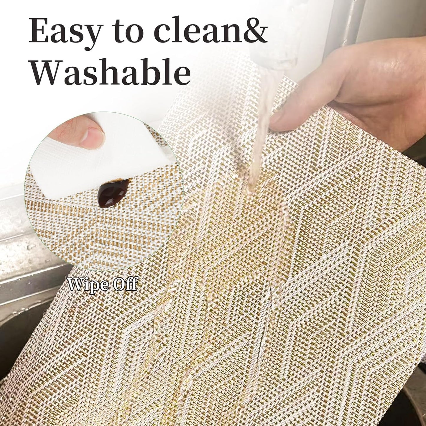 Vinyl Plastic Placemats Set of 6 Washable Heat Resistant Non-Slip Elegant Indoor Outdoor Kitchen Dining PVC Woven Table Place Mats (Gold Yellow Rhombus)