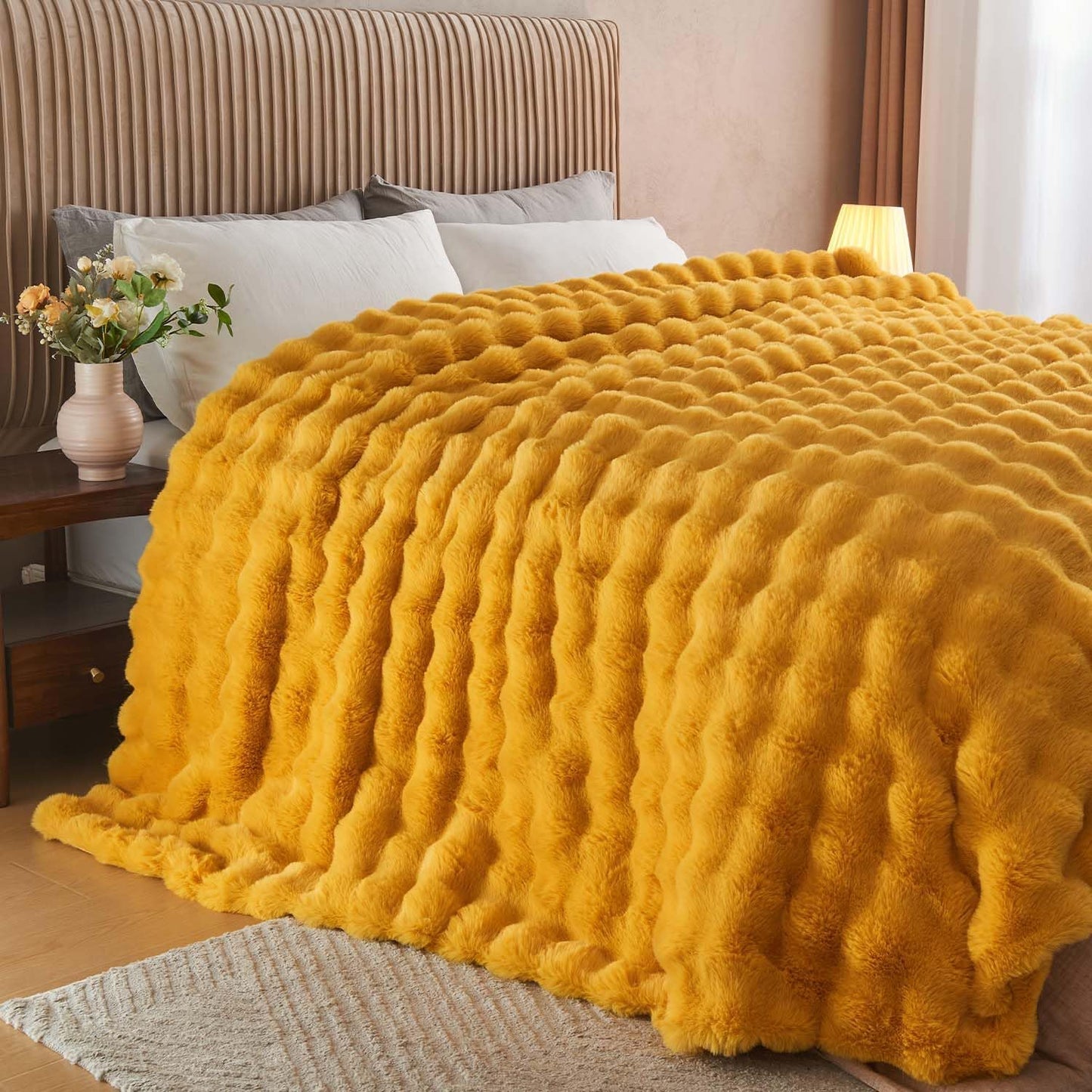 Lotus Karen Faux Fur Throw Blanket Ginger Yellow - Big Bubble Rabbit Fluff Blanket for Couch Bed Sofa,Softest Fluffy Fuzzy Cozy Blanket,Thick Furry Plush Shaggy Warm Blankets for Women,60x80 Inches