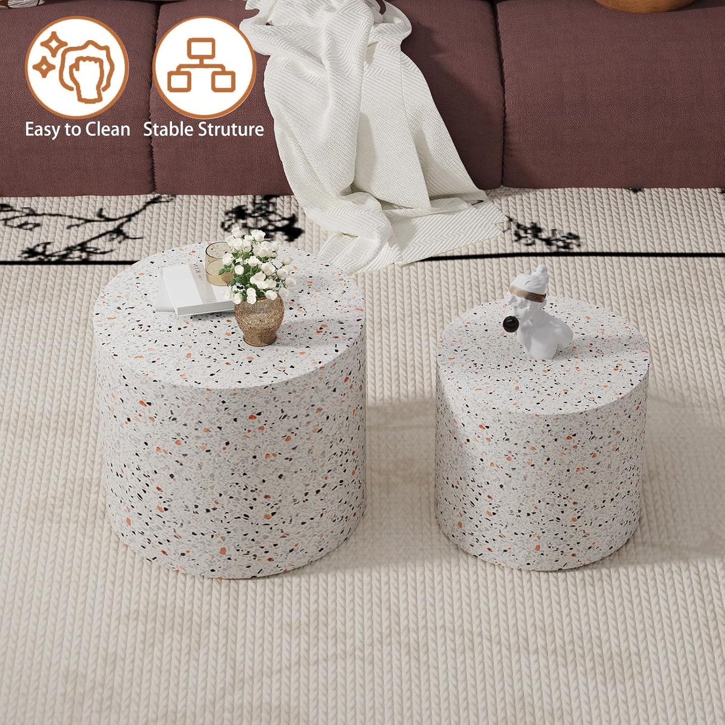 Terrazzo Round Nesting Coffee Tables 2 Piece Set - Contemporary Design, Sturdy Build, Multifunctional for Living Room, Office, and Balcony Use (Terrazzo 18.1in)