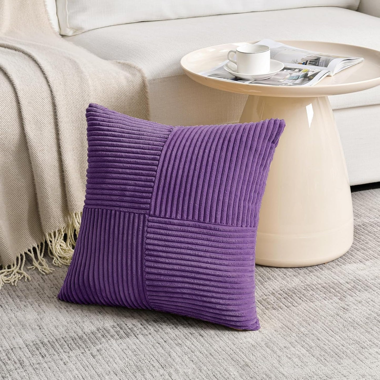Fancy Homi 2 Packs Purple Decorative Throw Pillow Covers 22x22 Inch for Living Room Couch Bed, Farmhouse Boho Home Decor, Soft Corss Corduroy Patchwork Accent Square Cushion Case 55x55 cm