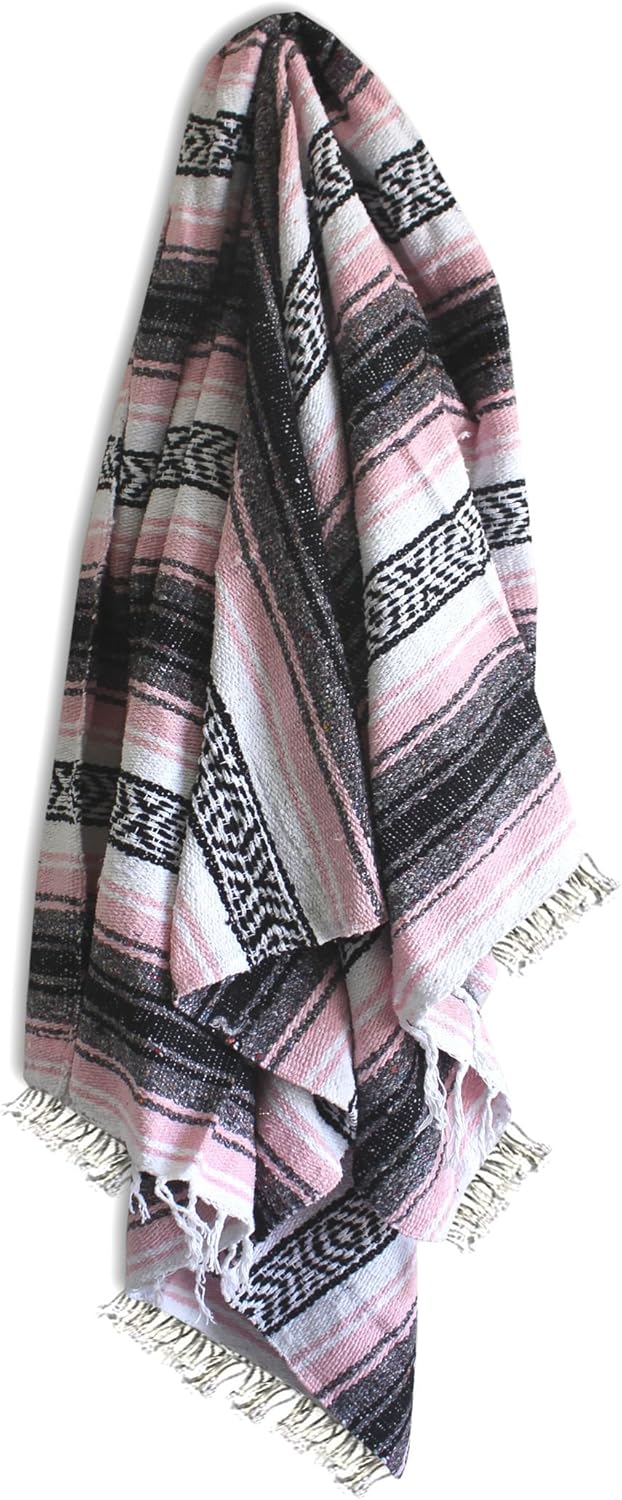 Del Mex Classic Mexican Blanket, Large Authentic Woven Falsa Throw (70"x50"), Artisan Southwest Décor for Beach, Yoga, Outdoors (Pink)