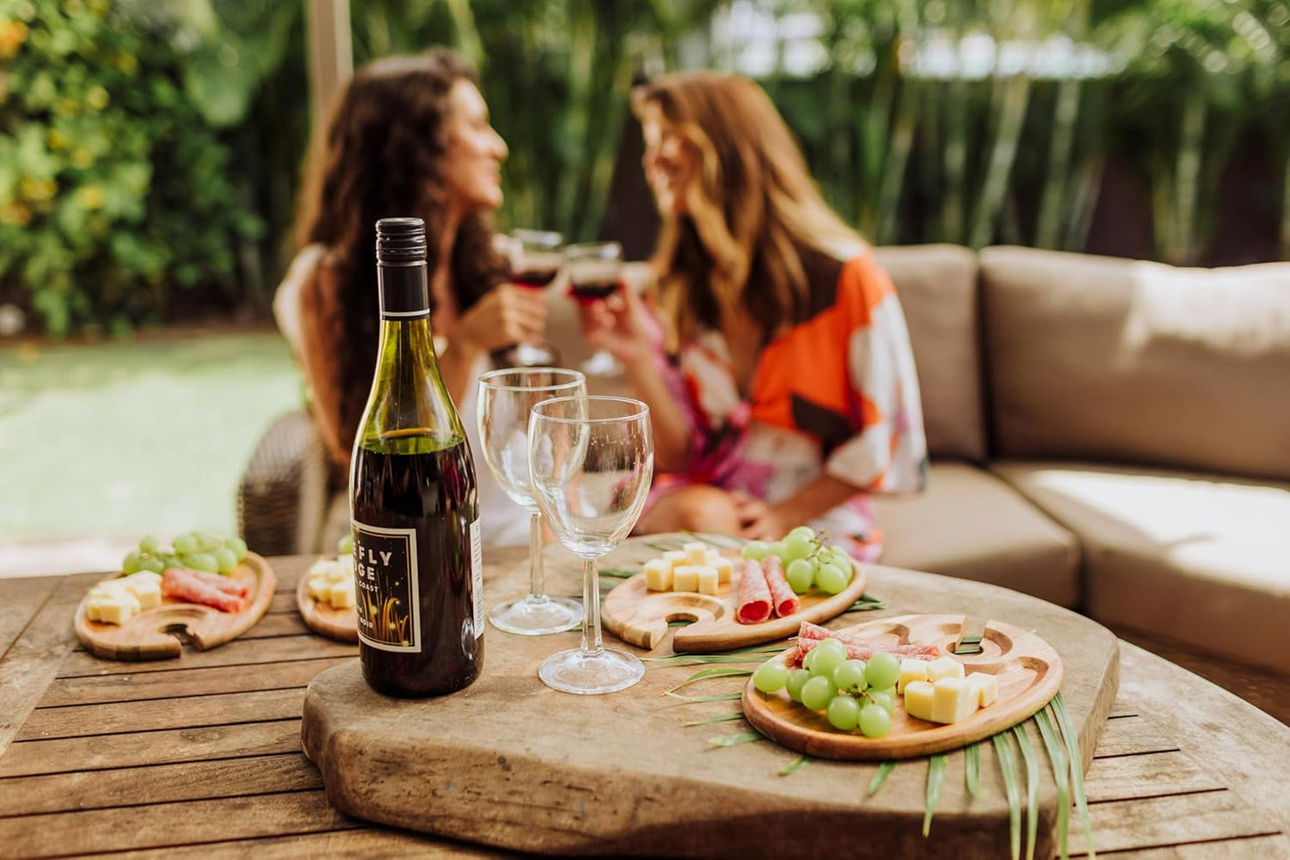 PICNIC TIME TOSCANA -Wine Appetizer Plates, Cocktail Plate with Glass Holder, Cheese Board with Wine Holder, (Acacia Wood), 9 x 6, Set of 4