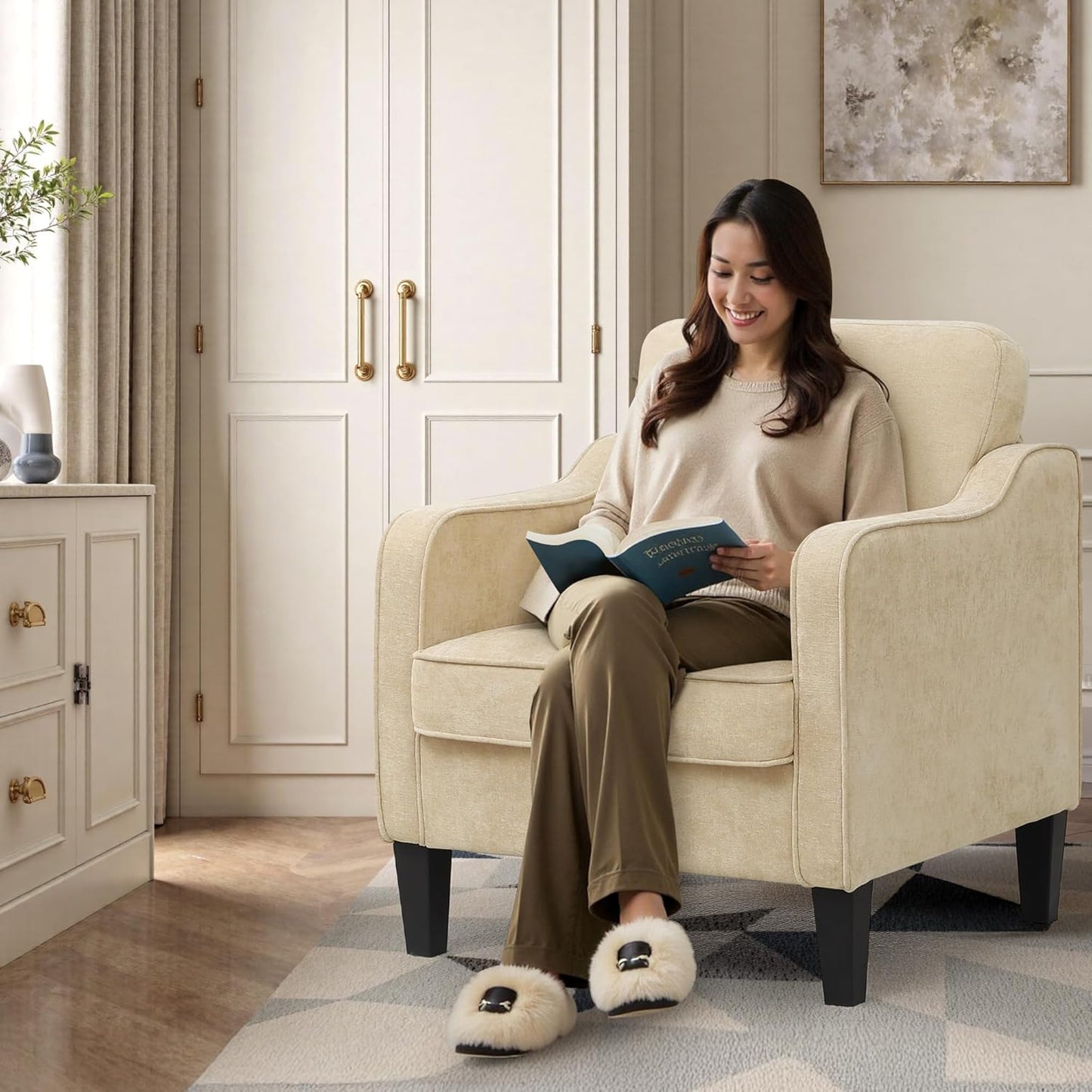 Accent Chair for Living Room, Mid Century Modern Reading Chair for Bedroom, Upholstered Armchair with Side Pockets, Comfy Single Sofa Side Chair for Office, Apartment, Small Room, Light Brown