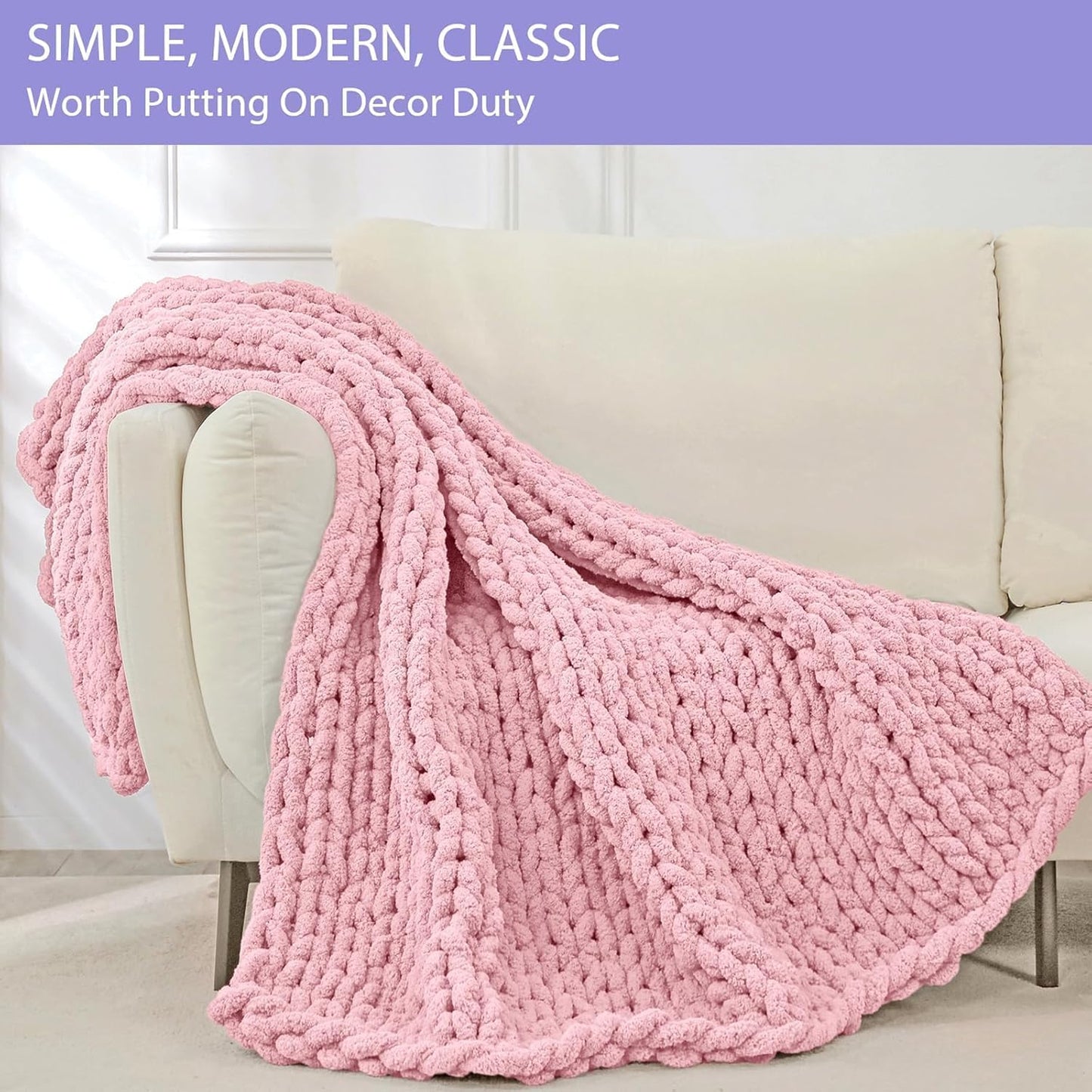 Bigacogo Chunky Knit Throw Blanket for Couch, 40x80 inches, 100% Hand Knitted with Thick Jumbo Chenille Yarn, Cozy Soft Large Rope Knot Cable Crochet Blankets for Sofa Bed Living Room, Blush Pink