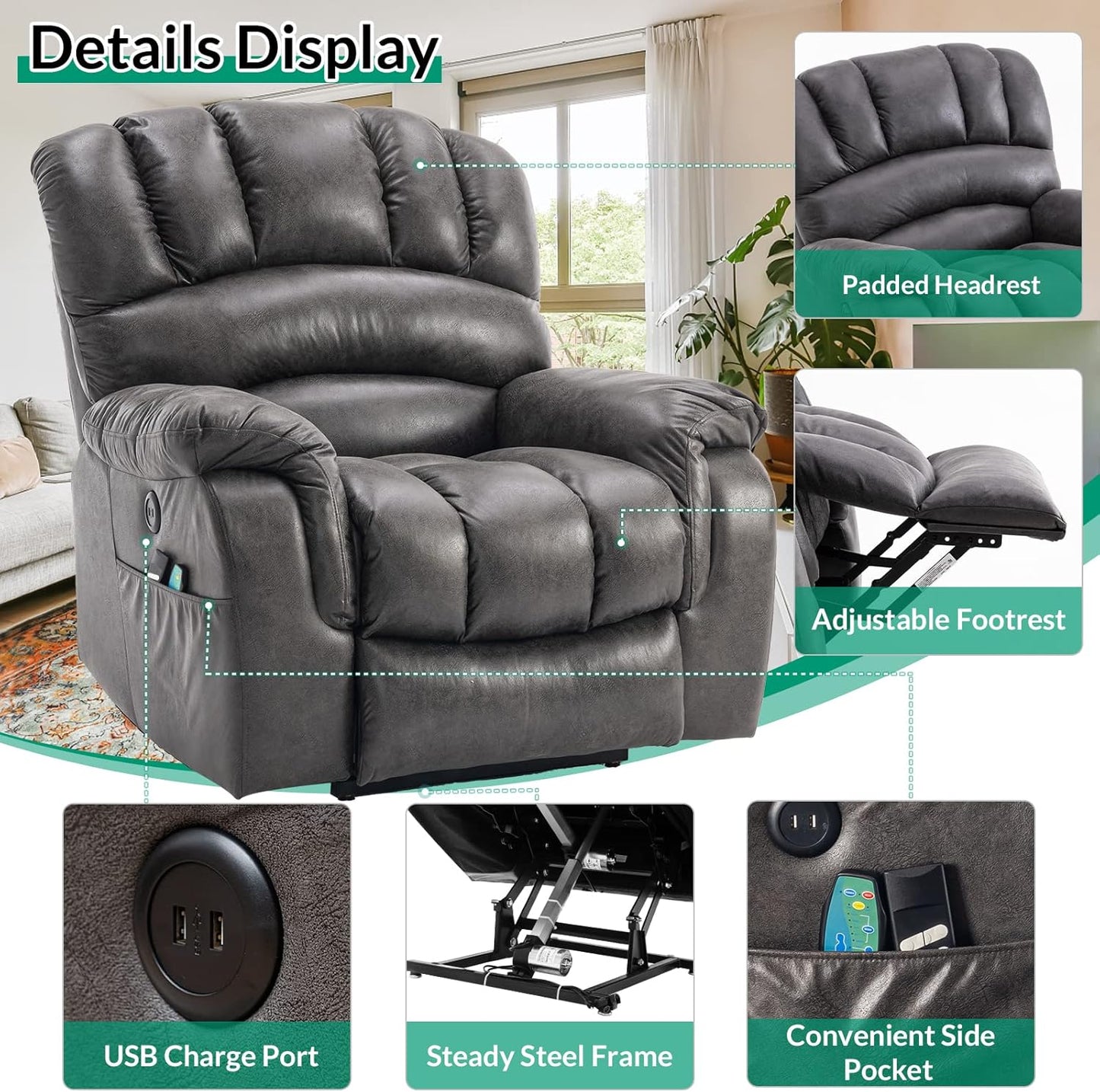 VIVIJASON Large Dual OKIN Motor Lay Flat Sleeper Lift Recliner Chair with Heat & Massage for Elderly, Infinite Position Electric Power Recliner with 2 Remote Controls, Side Pockets & USB Ports, Gray