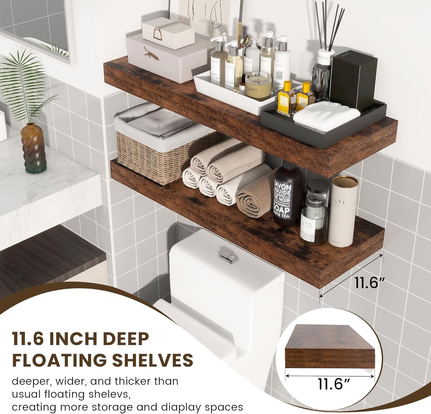 Deep Floating Shelves, 12 Inch Deep Rustic Floating Shelves for Wall Set of 2, 36W x 12D Large Wood Shelves for Living Room Bathroom Laundry Room Bedroom Kitchen Home Office - Rustic Brown