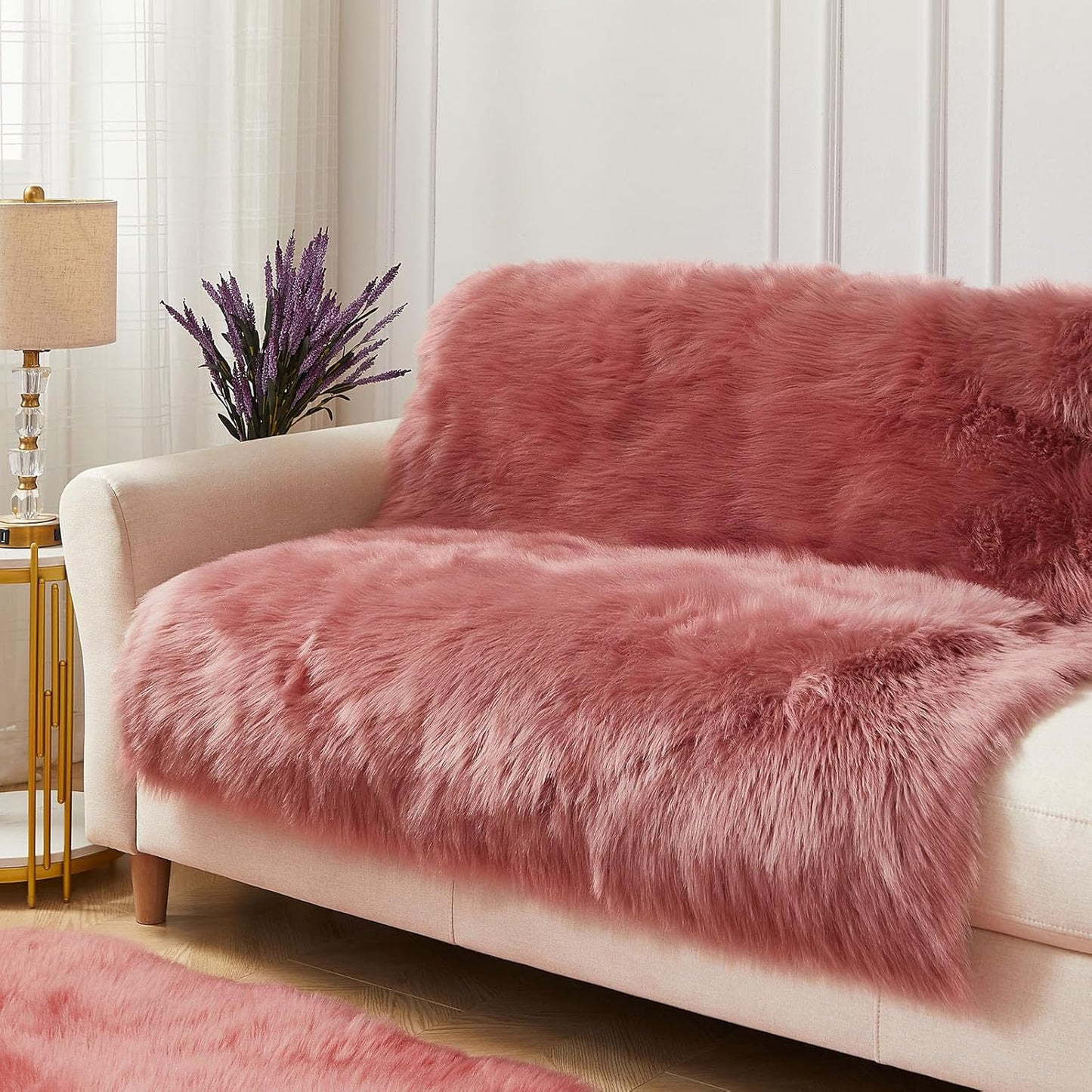 AMTOVO Faux Fur Sheepskin Rug for Living Room, 4 x 6 ft Blush Pink Fluffy Area Rug for Bedroom, Playroom, Luxury Room Decor, Rectangle