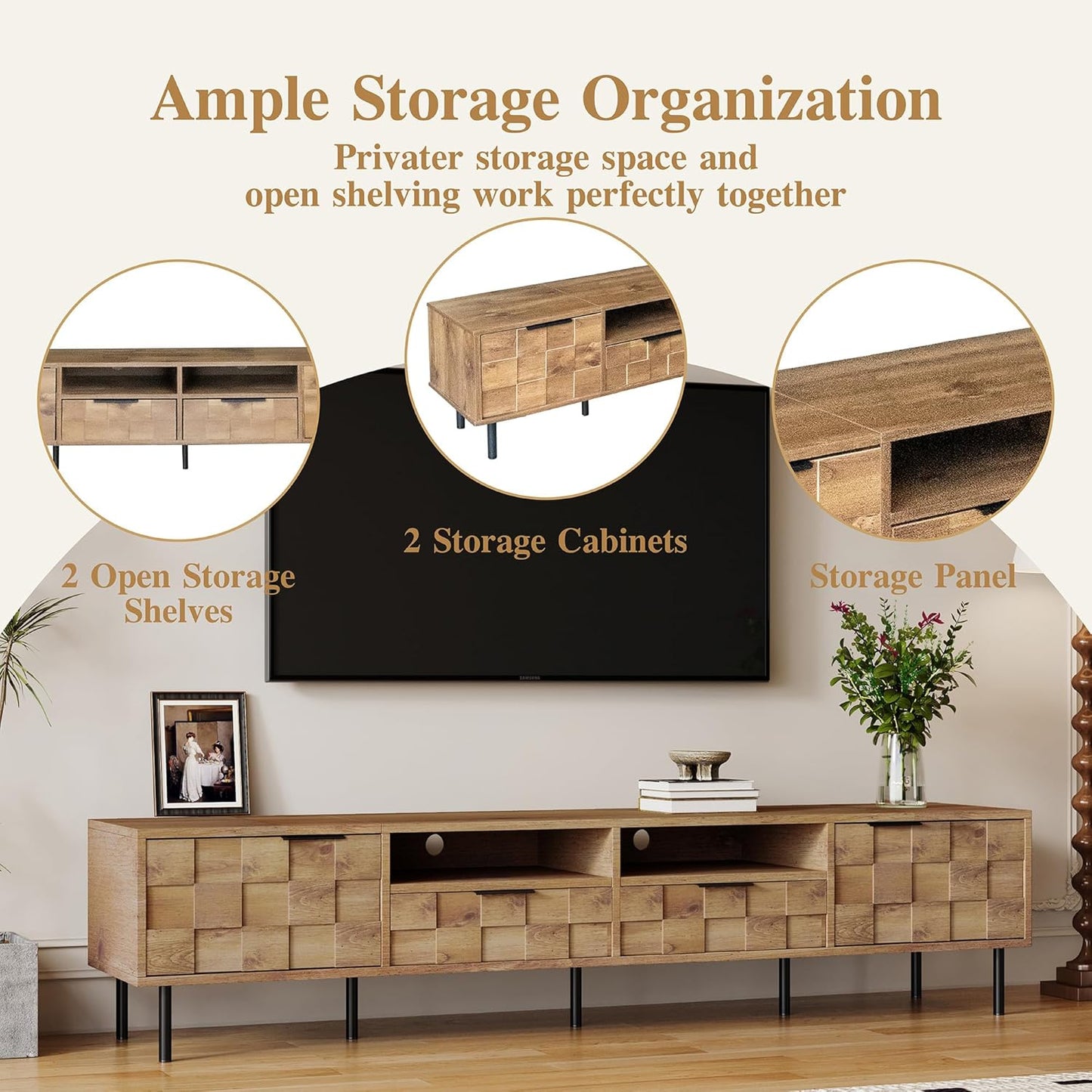 Modern TV Stand for TVs up to 85", Mid-Century Media Console with Checkered Cabinet Doors, Storage Drawers & Open Shelves, Wood Entertainment Center with Metal Legs