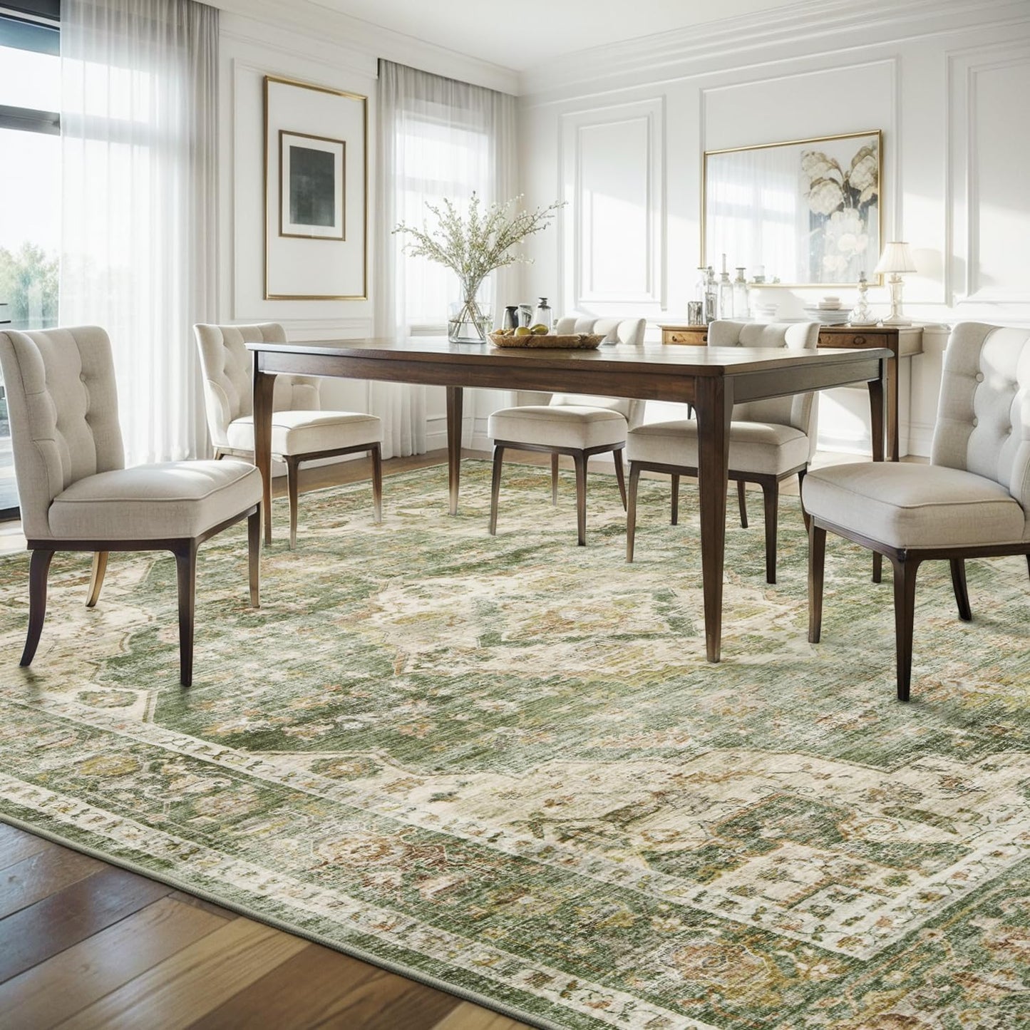 AMOAMI-Area Rug 8X10 Rugs for Living Room-Vintage Soft Green Rugs for Bedroom-Non Slip Carpet-Washable Rug for Dining Room Living Room Bedroom Office Under Table