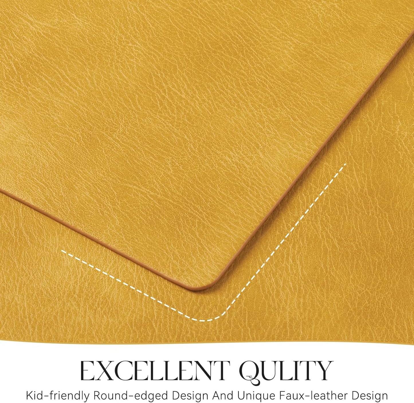 MOSAYT Vinyl Placemats Set of 12-12 X 17 Inch - Faux Leather 100% Waterproof Oil-Proof Wipeable PU Place Mats, Heat Resistant Reversible Table Mats for Kitchen, Dining, Outdoor (Yellow)