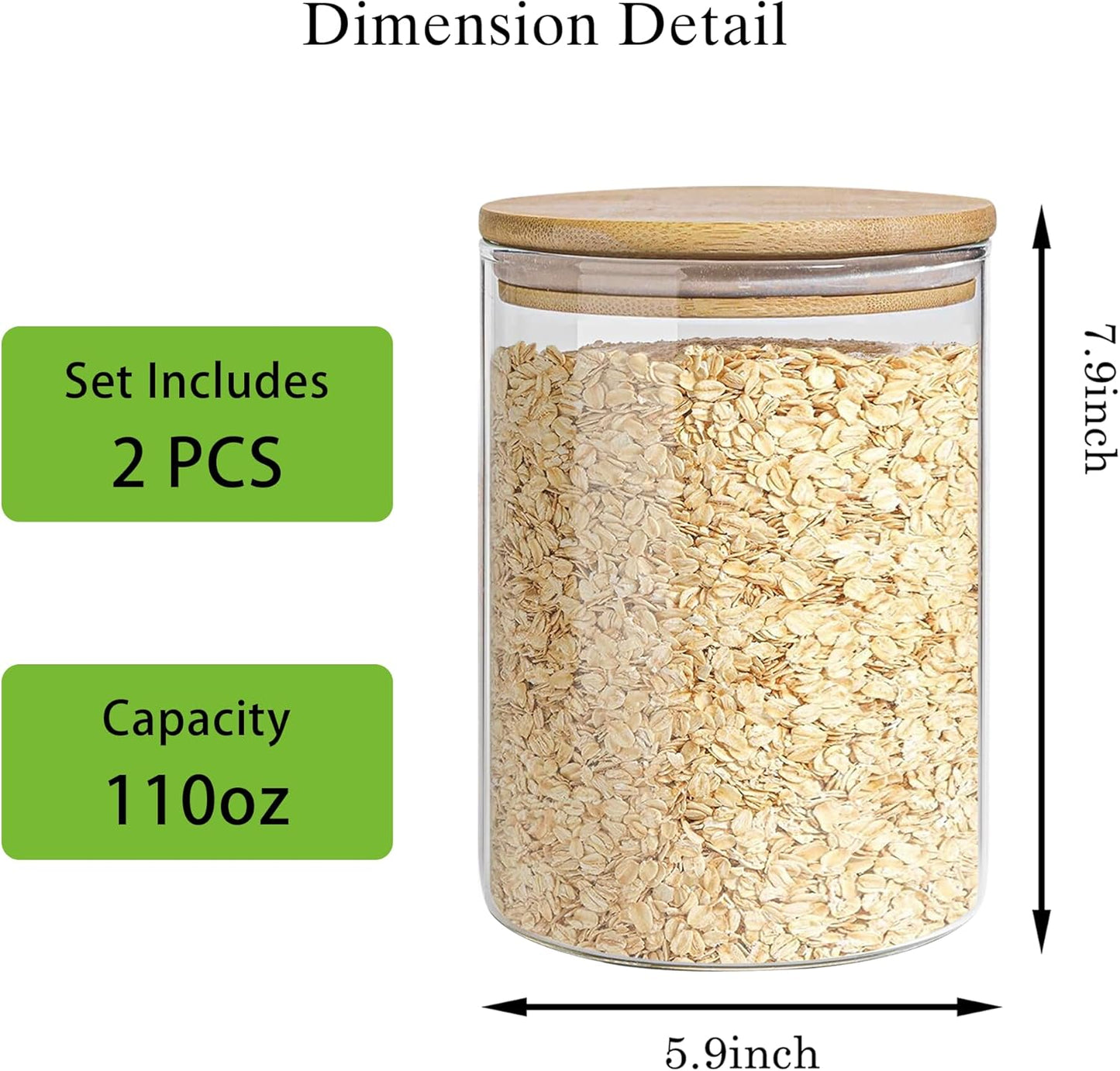 Glass Storage Jars Set Elegant Containers with Airtight Bamboo Lids, Perfect for Kitchen Organization - Flour, Rice, Pasta, Sugar, Coffee Beans, Accessories Included (2 packs(111oz))