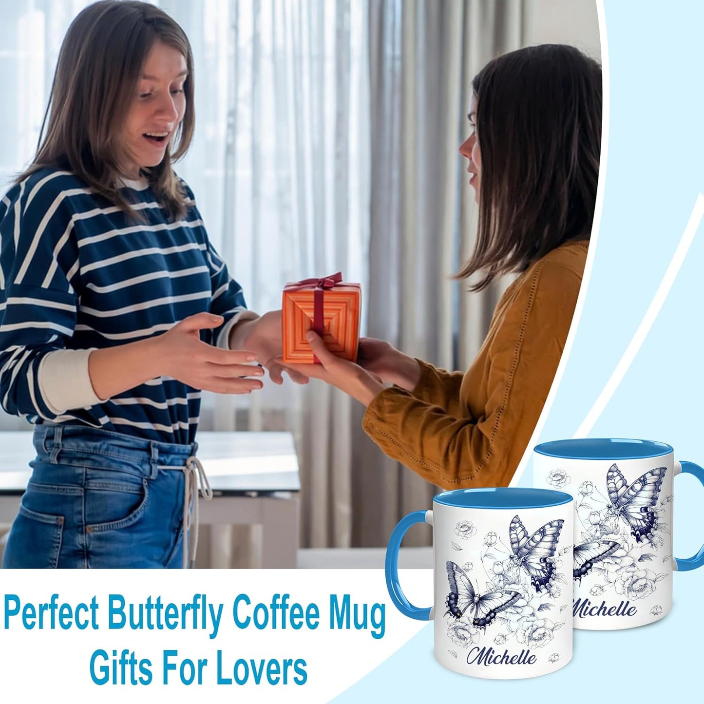 Hyturtle Personalized Blue Butterfly Mug - Butterfly Gifts For Women Lovers - Animal Gift For Bird Lover Her - Bird Gifts For Mom on Mother Day - Custom Name Coffee Cup Ceramic Mug 11 Oz 15 Oz