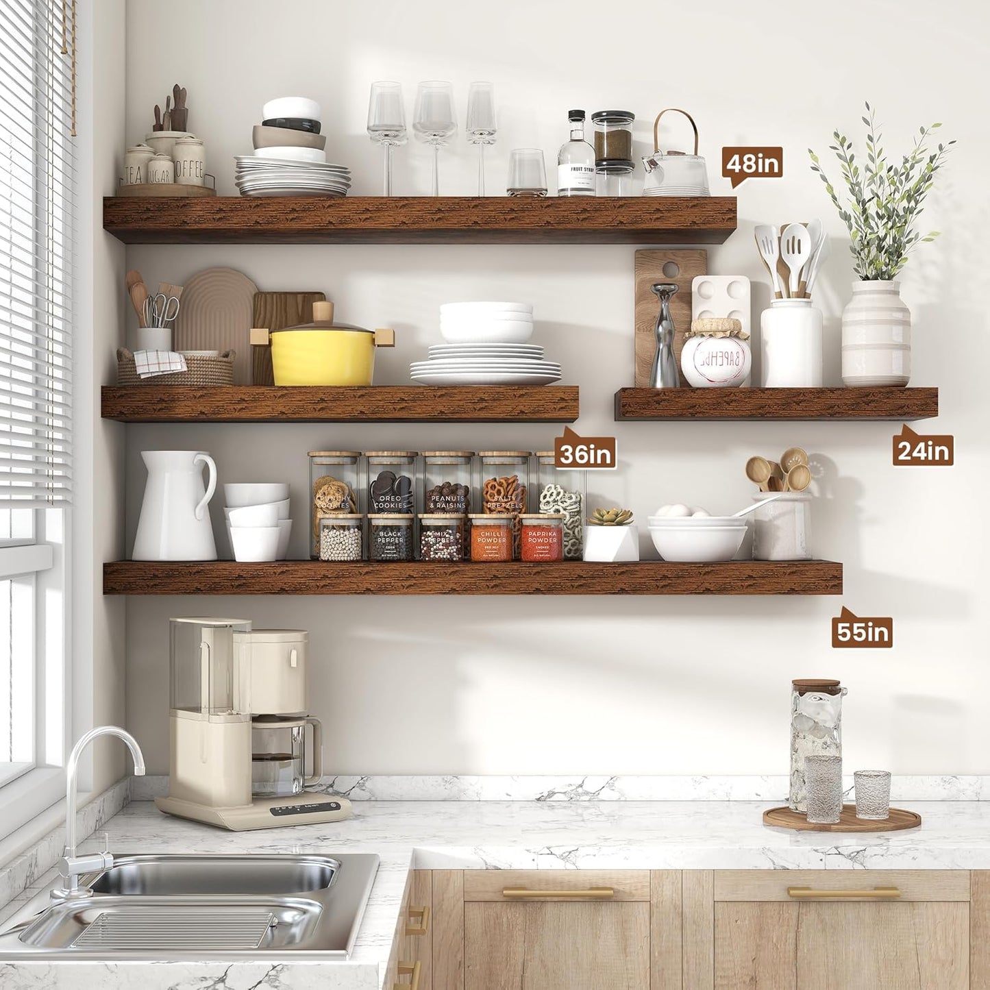 Heimlove 48" Floating Shelves for Wall,10 Deep Rustic Brown Wood Display & Storage Wall Shelves with Heavy Duty Brackets for Bathroom,Bedroom,Kitchen,Living Room,Office