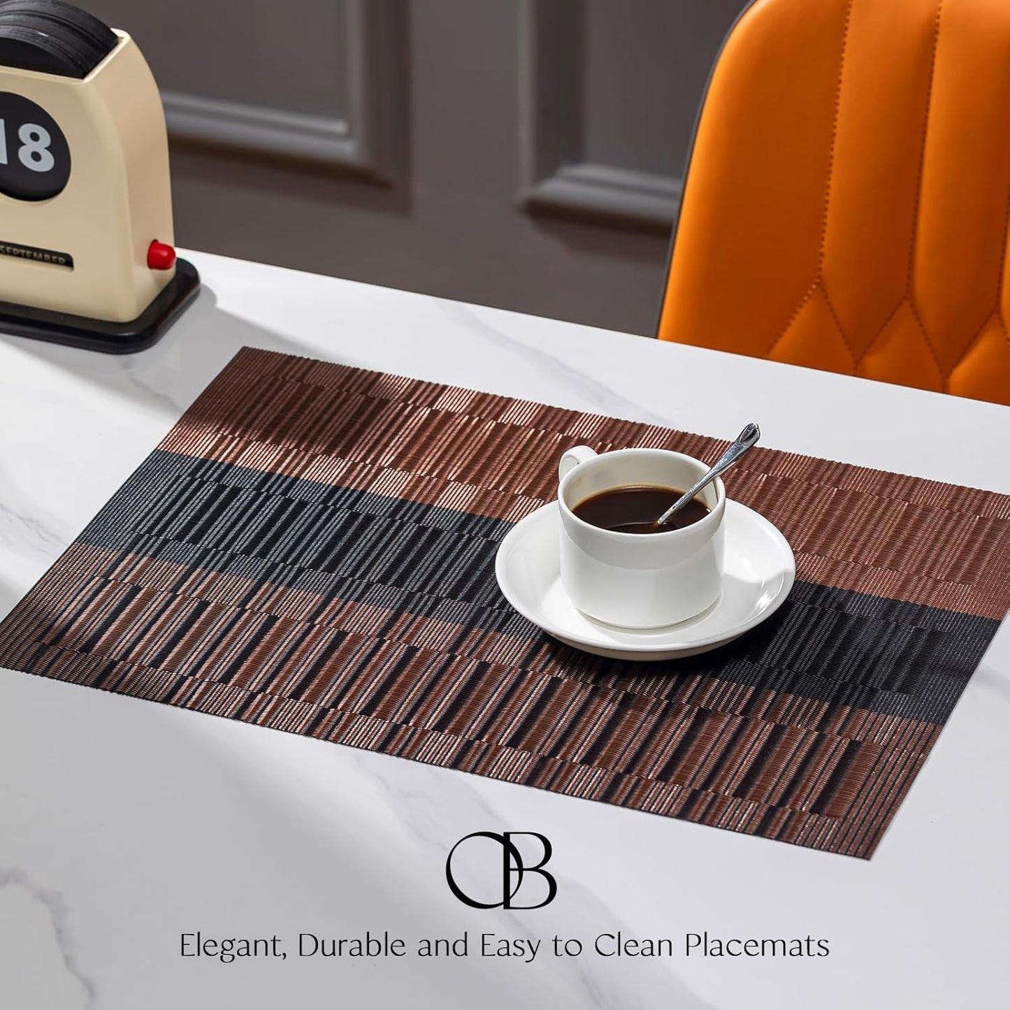 Placemats Set of 8 - Easy Clean Woven Vinyl Placemats for Dining Table, Indoor/Outdoor Place Mats, Washable PVC Table Mats （Ombre Brown Black）