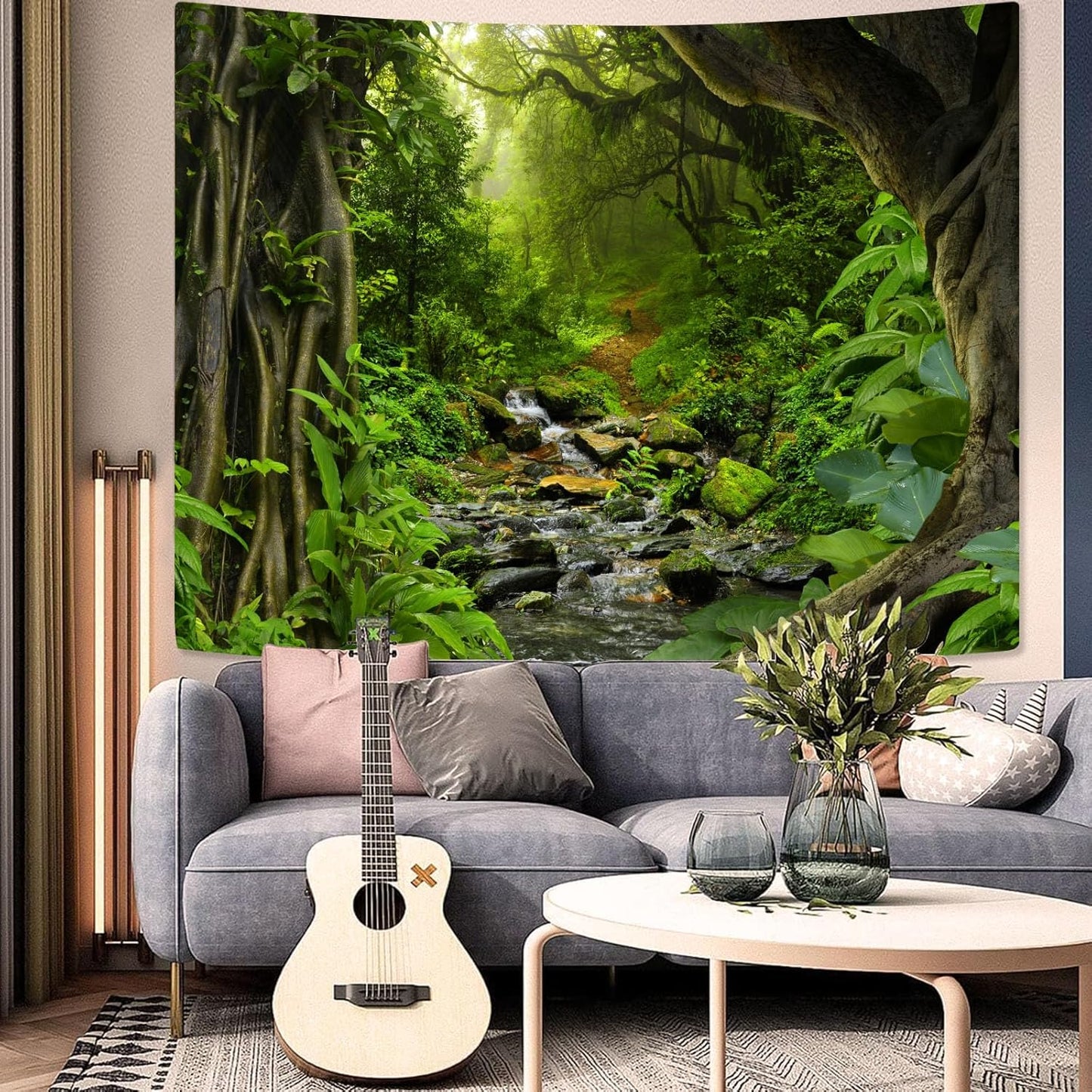 AMM Green Rainforest Tapestry Nature Forest Tapestry for Bedroom Aesthetic Misty Tropical Jungle Trees Flowing Stream Landscape Tapestries Wall Hanging for Living Room Dorm 48 x 36 Inch