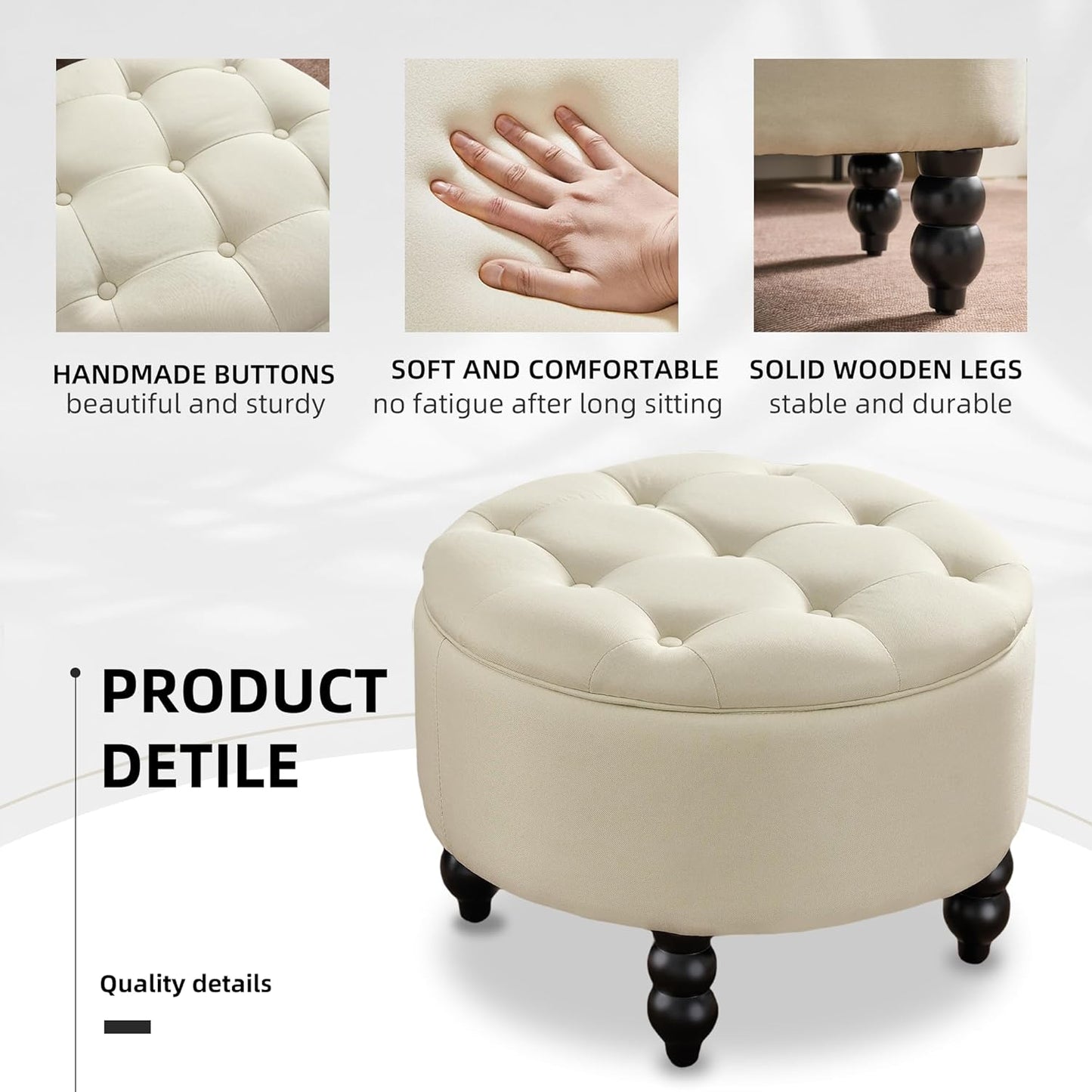 Fabric Round Ottoman with Storage, Upholstered Tufted Storage Footstool, Modern Wooden Coffee Table for Living Room, Bedroom, Beige