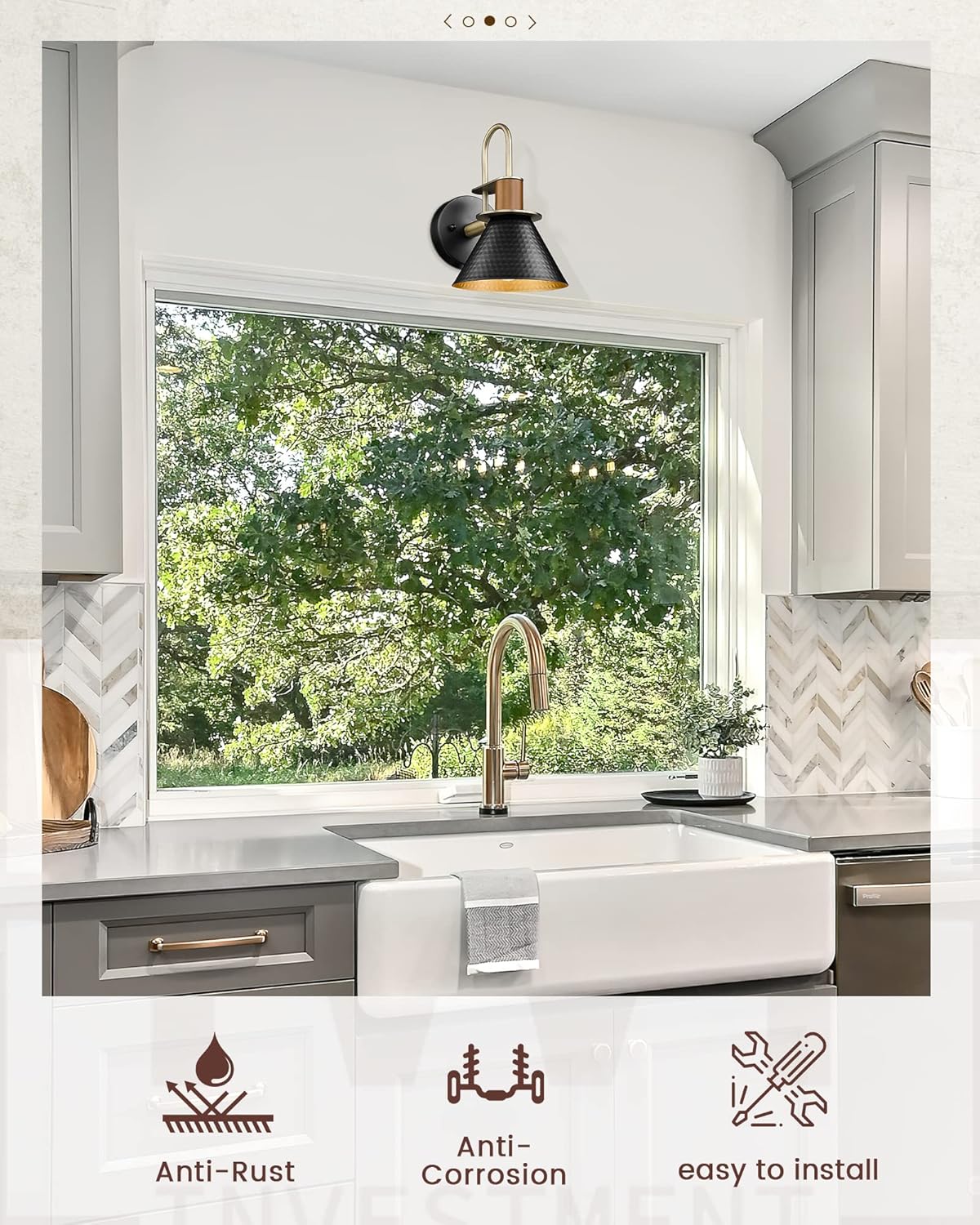 Black and Gold Wall Sconces, HWH Industrial Sconces Wall Lighting Indoor Vanity Barn Light Fixture, Gooseneck Wall Lamp for Bathroom Bedside Bedroom Kitchen, Hammered Metal Shade, 5HZG74B-L BK+BG