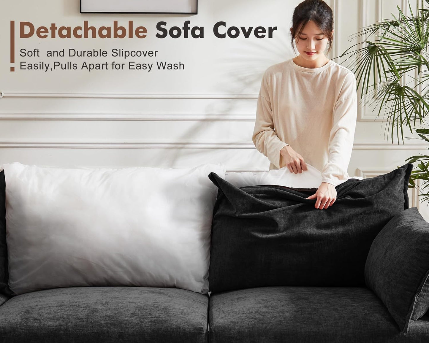 Luxury Modular Sectional Sofa, L-Shaped 3-Seat Couch with Storage Ottoman Deep Seat & Reversible Chaise Lounge Chenille Black for Compact Spaces, Apartments, Dorm