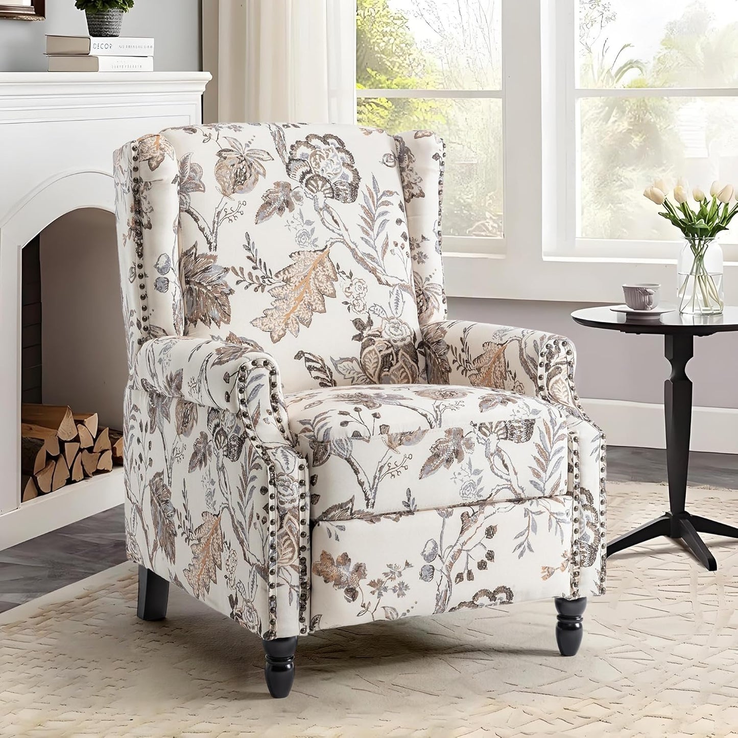 UIXE Pushback Recliner Chair, Fabric Upholstered Armchair Push Back Accent Chair for Living Room, Rivet Trim Home Theater Single Sofa Bedroom Reading Seat with Footrest - Beige Plants