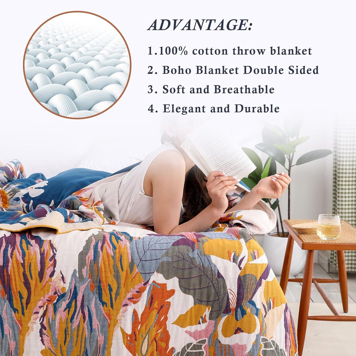 Snycler Boho Throw Blanket for Bed - 100% Cotton Ultra Soft Rustic Quilt - Watercolour Floral Printed Farmhouse Decor Bed Fall Blankets,80"×90" All Season Rustic Throw for Sofa Couch Chair