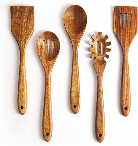 Acacia Wooden Spoons for Cooking: 5-Piece Kitchen & Cooking Utensils Set - Wooden Spatula, Slotted & Pasta Spoon - Essential Wooden Utensil Set