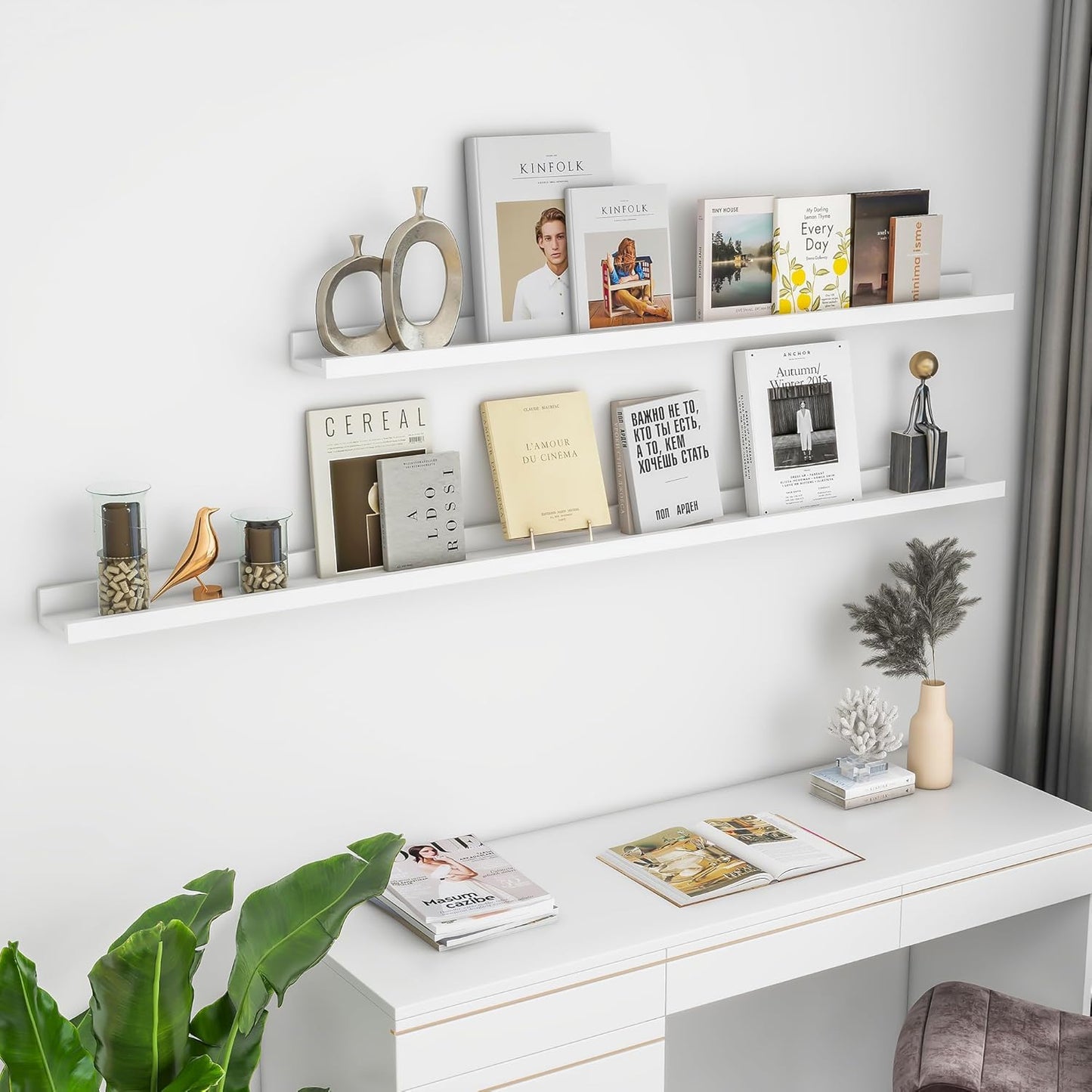 Solid Ash Wood Picture Ledge Shelf, Floating Shelves Set of 2, 56 Inch Long Large Ledge Shelves, Nursery Book Shelves Wall Mounted for Living Room Bedroom Kitchen Decor Kids Bookshelf, White