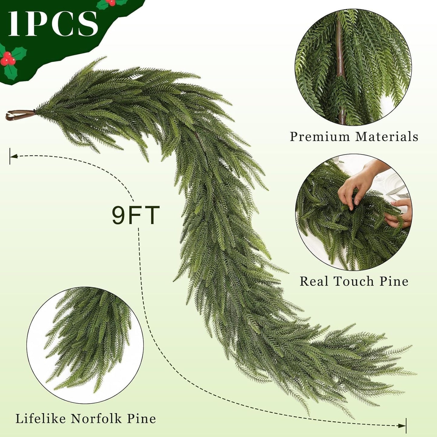 9FT Christmas Norfolk Pine Garland -1PCS, Artificial Pine Needles Garlands Faux Greenery Fake Garland for Holiday Fireplace,Table,Window,Stairs,Mante,Indoor Outdoor Decor