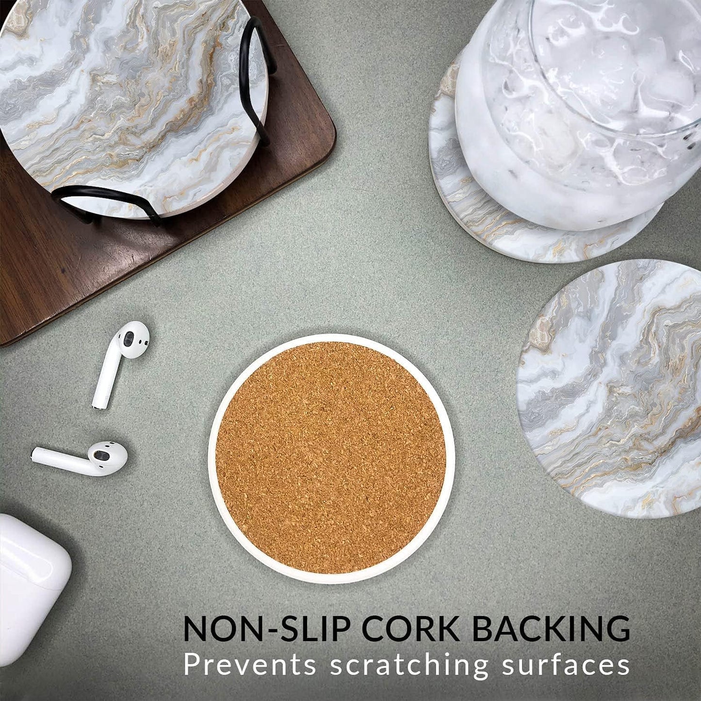 Emerson Coasters for Drinks Absorbent – Natural Stone Drink Coasters Set with Holder, Coasters for Coffee Table, Wooden Tabletop Protection Marble Style – 100% Heavy Duty Set of 6 (Sky)