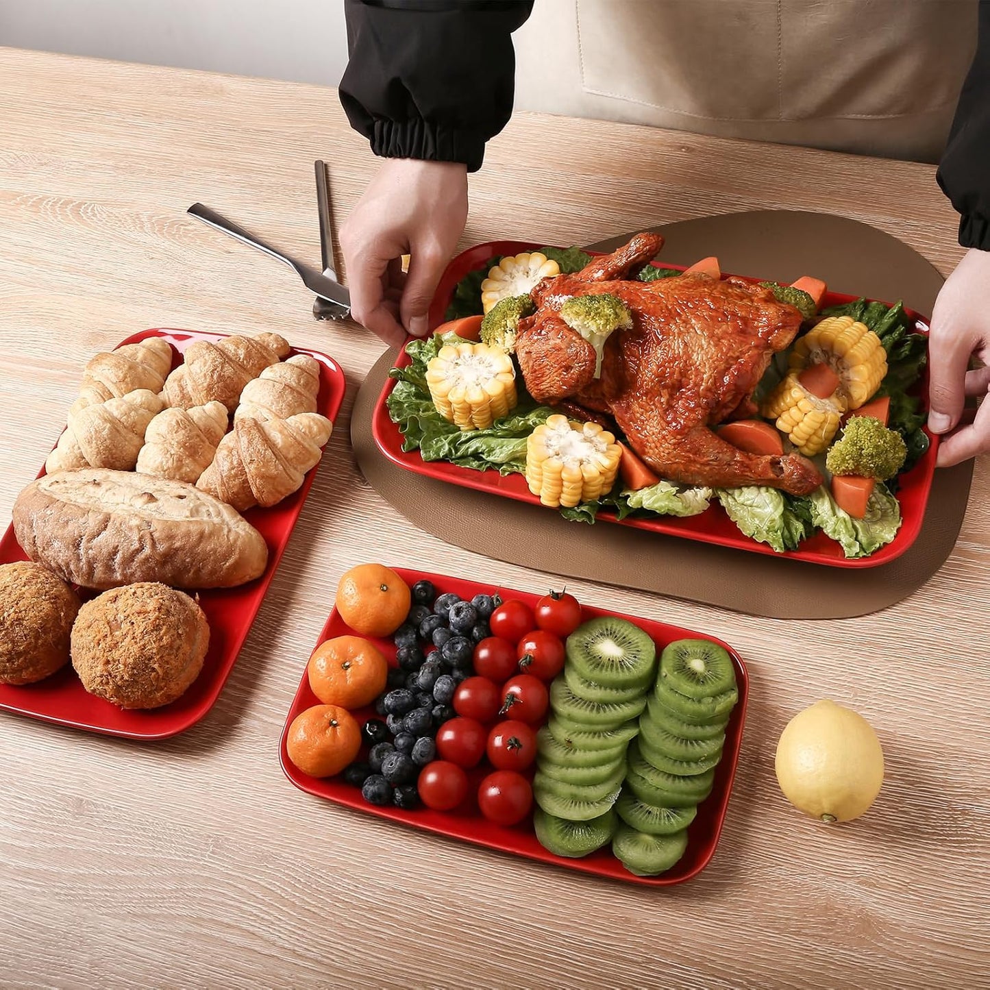Vicrays Ceramic Rectangle Serving Platters - 14" 12" 10" Porcelain Serving Trays Plates for Party BBQ Appetizers Sushi Dessert - Microwave Oven and Dishwasher Safe - Set of 3 Red