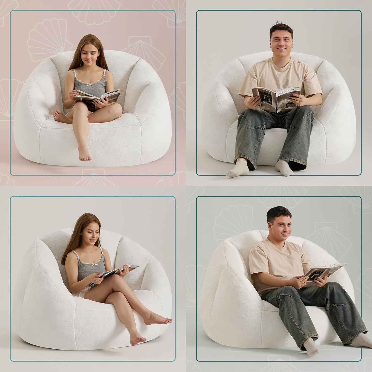 Giant Bean Bag Chair for Adults - Comfy Plush Round Shell Soft Accent Chair, Oversized Cozy Lounge Floor Sofa Reading Chair, Mini Couch for Living Room, Bedroom & Game Rooms, Beige