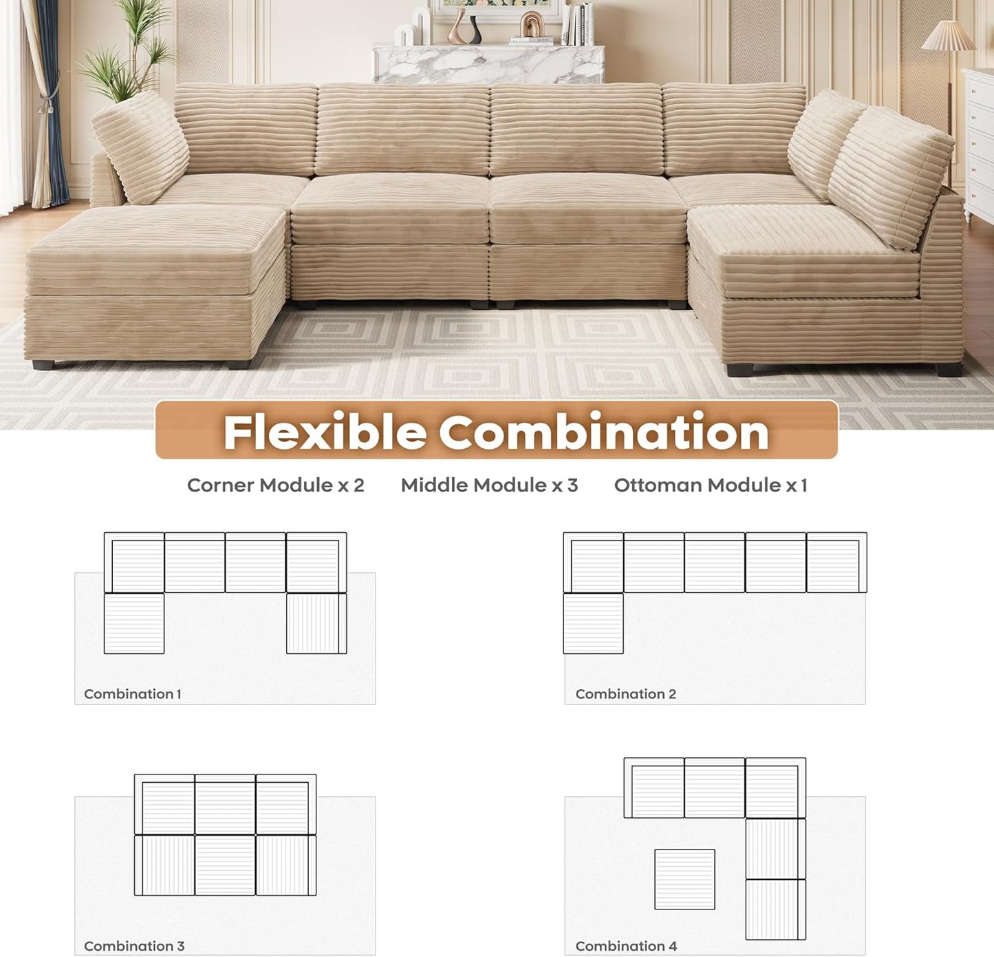 ovios Sectional Sofa Couch with U-Shape Chaise Sofa Bed, Comfy Modular Cloud Couches with Deep Seat, Modern Upholstered Plush Corduroy Sofas Set for Living Room, 6-Seater, Beige