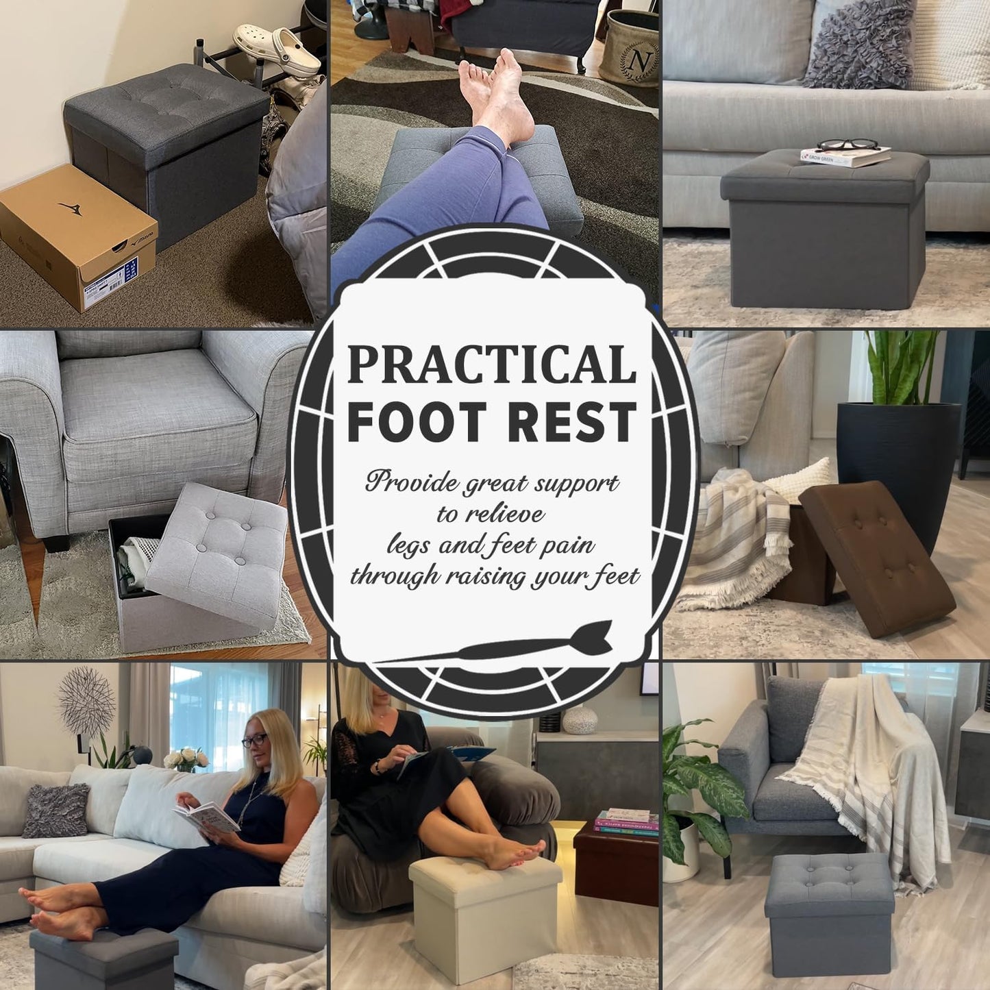 LINMAGCO Ottoman Storage Ottoman with Storage Small Foot Rest Stool Under Desk Stool Short Folding Footrest Linen Cloth Beigh 16X12X12IN